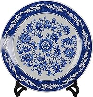 Vista 7 de Platos decorativos de porcelana azul y blanca de 10.2 in con patrón floral oriental para manualidades de cerámica para adornos, 1 plato con 1