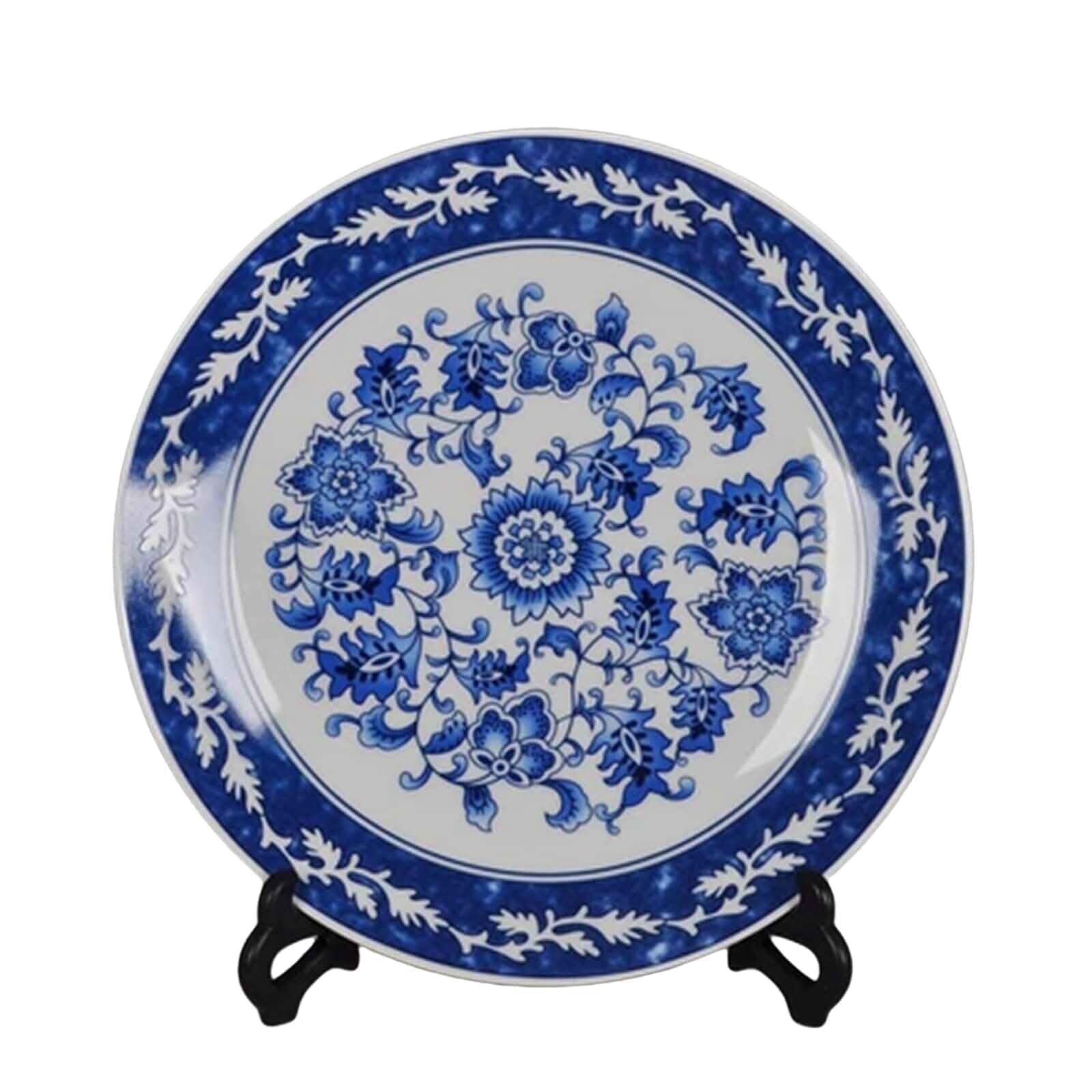 Blue and White Porcelain Decorative Plate of 10.4‘’ Oriental Floral Pattern Ceramic Ornaments Dessert Plates, 1 Plate with 1 Display Stand