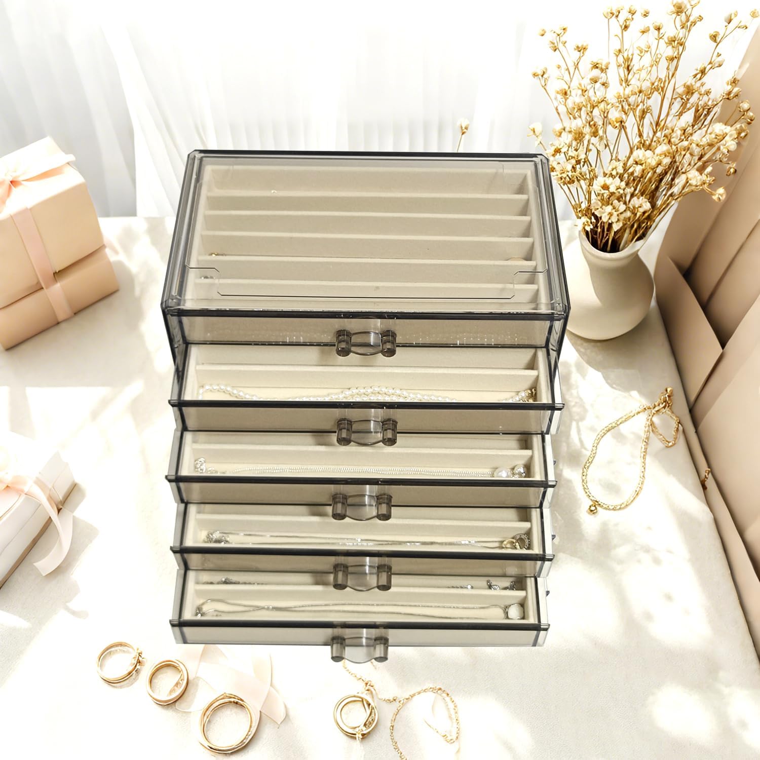 Necklace Organizer Box 5 Drawers Necklace Holder Organzer with 30 Compartments Velvet Necklaces Display Case with Lid Acrylic Jewelry Organizer for Necklace Pendant Chains (Brown Beige)