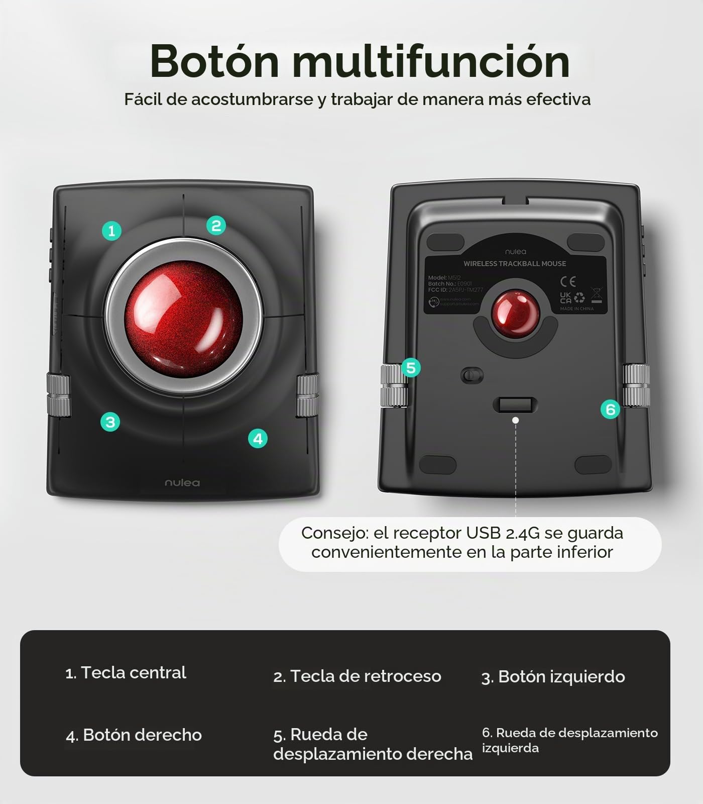 Nulea M512 Ratón Trackball Inalámbrico, Trackball Ergonómico de 55mm, dpi Ajustable para un Control Preciso, Compatible con Mano Derecha o Izquierda, Recargable, Bluetooth Multi-Dispositivo y 2.4GHz