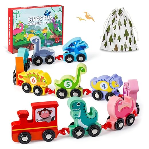 Educational Wooden Train Set, Dinosaur Toys and Toy Cars for 2-4 Year Old Boys and Girls - Montessori Toddler Gifts for Christmas and Birthdays