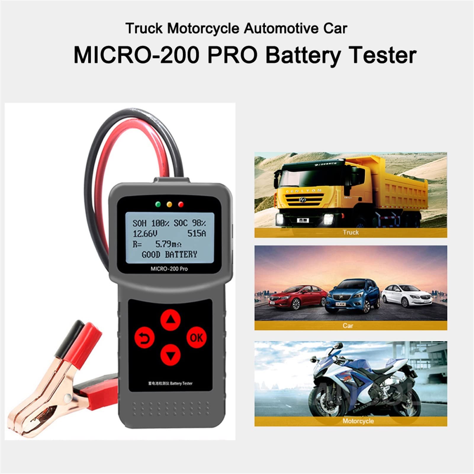 Tester per batterie, Micro-200Pro 12V 24V 40-2000CCA Capacità Digital Auto System System Analyzer Truck Motorcycle Automotive Auto Battery Tester, Evitare la batteria scarica(Version 1 Big Clip)