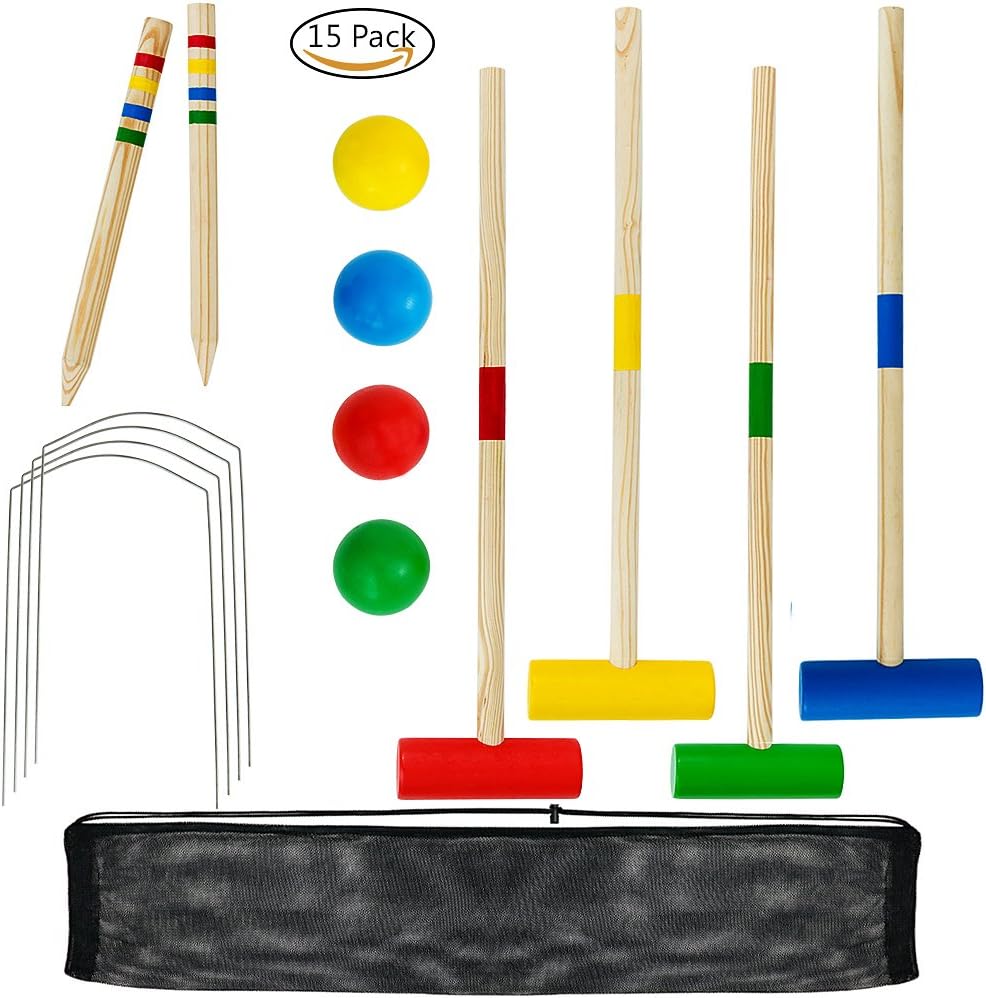 NEOWOWS Wooden Croquet Set 4-player Camping Lawn Game with Carrying Bag for Adults and Kids