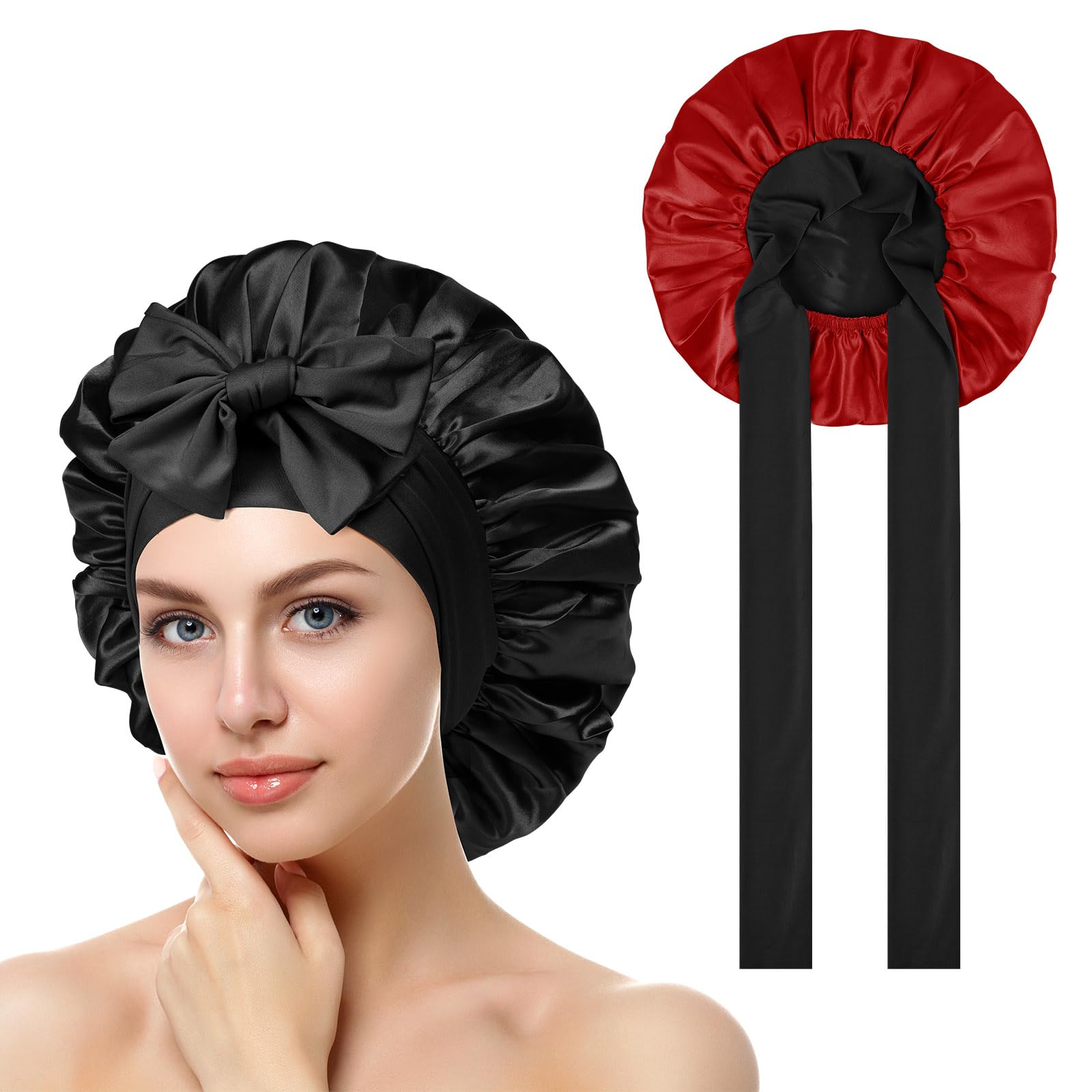 ACWOO Satin Caps for Sleeping Adjustable Silk Cap, Double Layer Soft Satin Sleep Cap