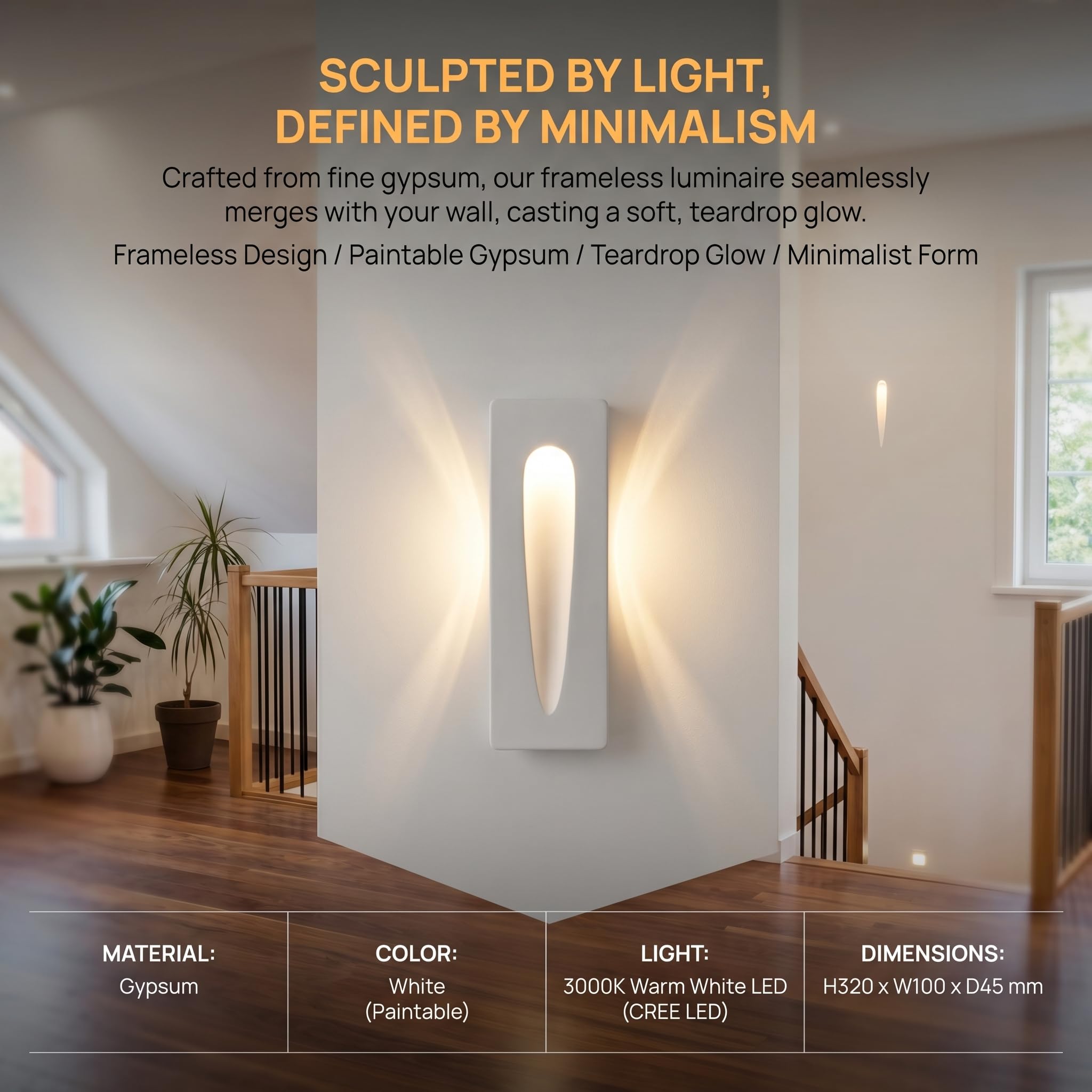 BARCELONA LED Applique Murale Encastrable Plâtre 100x320mm Blanc Trimless 1W 2700K Blanc Chaud, Spot LED Mural en Plâtre et, Design Classique Moderne et Luxe pour Cloison Placoplâtre