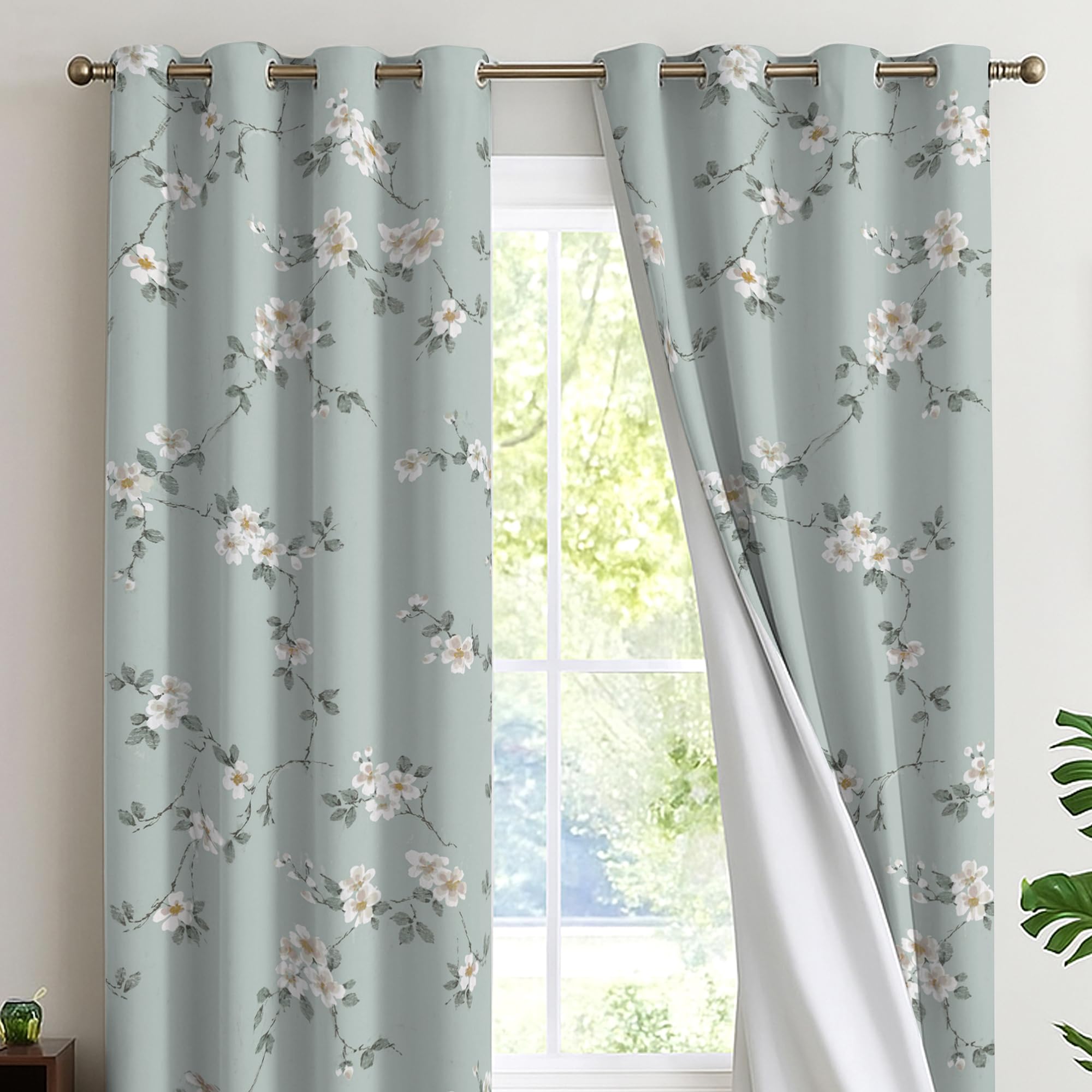 Reliancebedding Mint Bloom 100% Blackout Curtains 54 Inch Drop – Elegant Printed Thermal Insulated Window Curtains For Bedroom & Living Room, W46 X L54 Inch, 2 Panels
