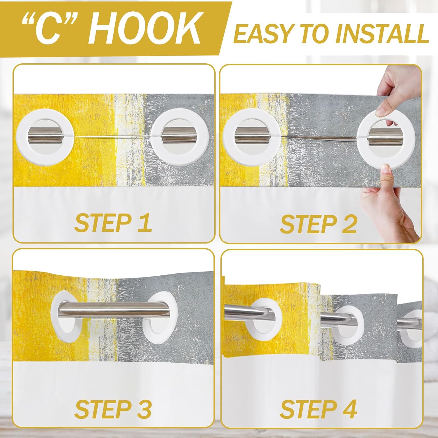 Lnond No Hooks Shower Curtain with Snap in Liner, Yellow and Grey Abstract Hookless Shower Curtain for Bathroom, Machine Washable, 71" (W) X 74" (H)