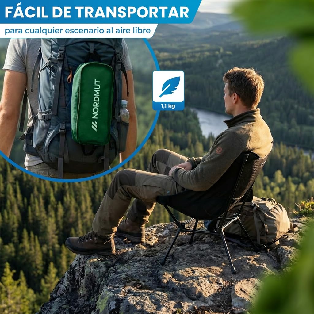 NORDMUT® Silla de Camping compacta y Ultraligera – pequeña con Capacidad de 150 kg – Silla Plegable de Aluminio Ligera para Camping, Outdoor y Festivales (2, Verde)