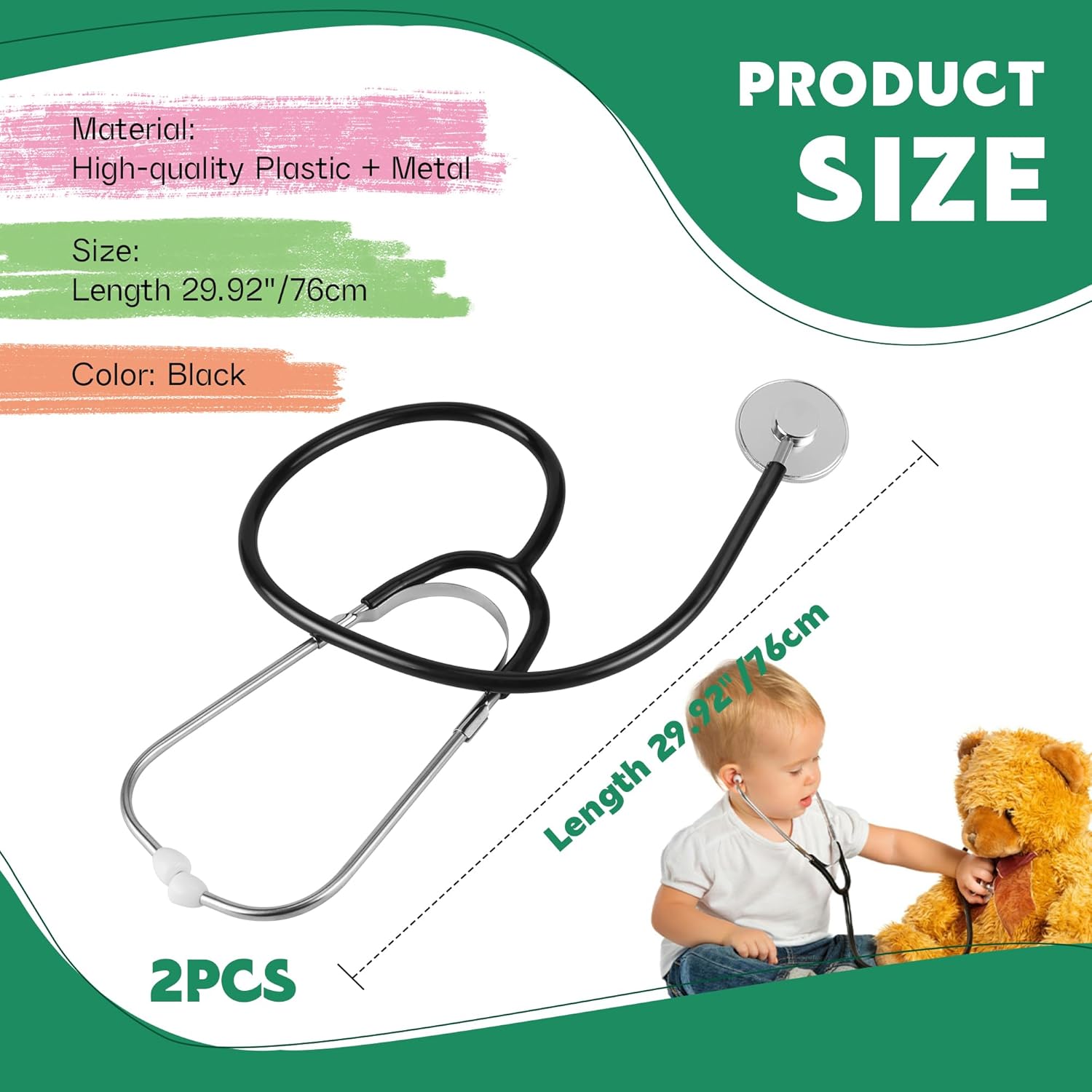 Pack of 2 Children's Stethoscope, Toy Stethoscope, Metal Stethoscope, Children's Functional Double Head Toy for Stethoscopes, Role Play, Black