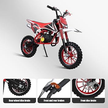 50cc Kids Dirt Bike, 2-Stroke Gas Dirt Bike for Kids, Beach Off Road Gas Mini Motorcycle, Children Mini Dirt Bike, Gas Power Motocross Bike with Front/Rear Dual Disc Brakes, Speed Up to 40KM/H Red
