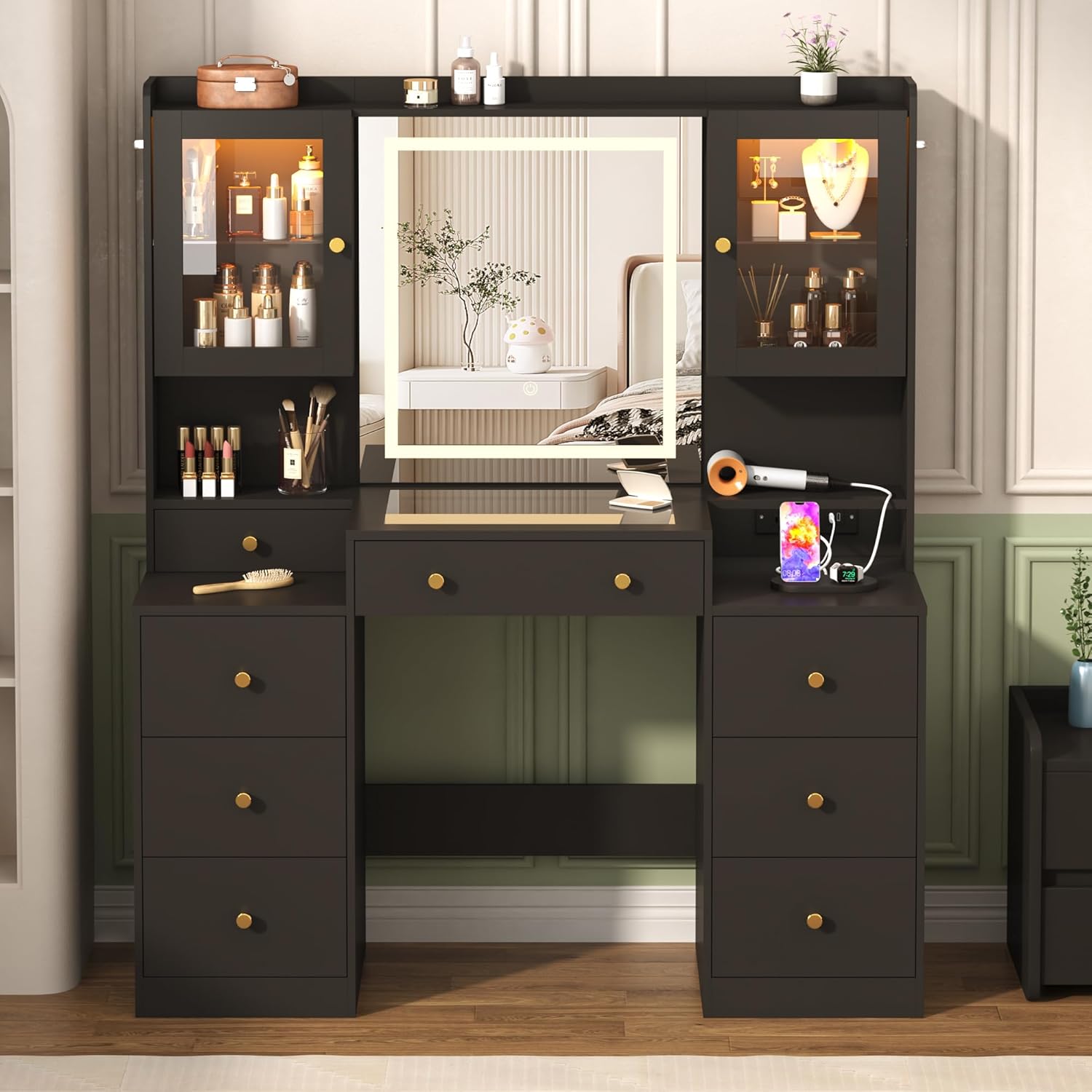 Vanity mirror with LED light on, showing a bright illumination