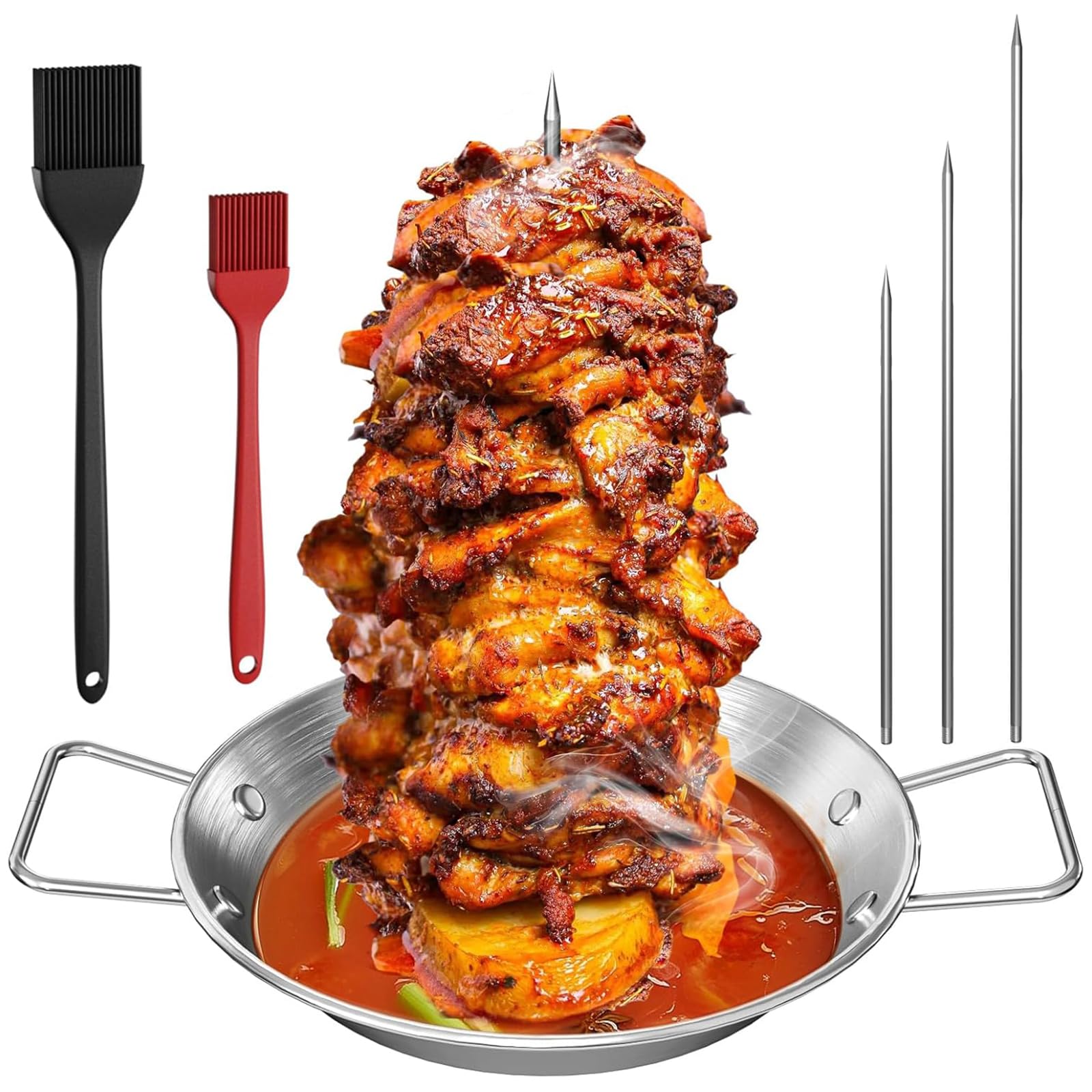 Spiedino Verticale Per Carne In Acciaio Inox Con 3 Punte E Padella – Supporto Per Kebab, Pollo, Pesce, Salsiccia