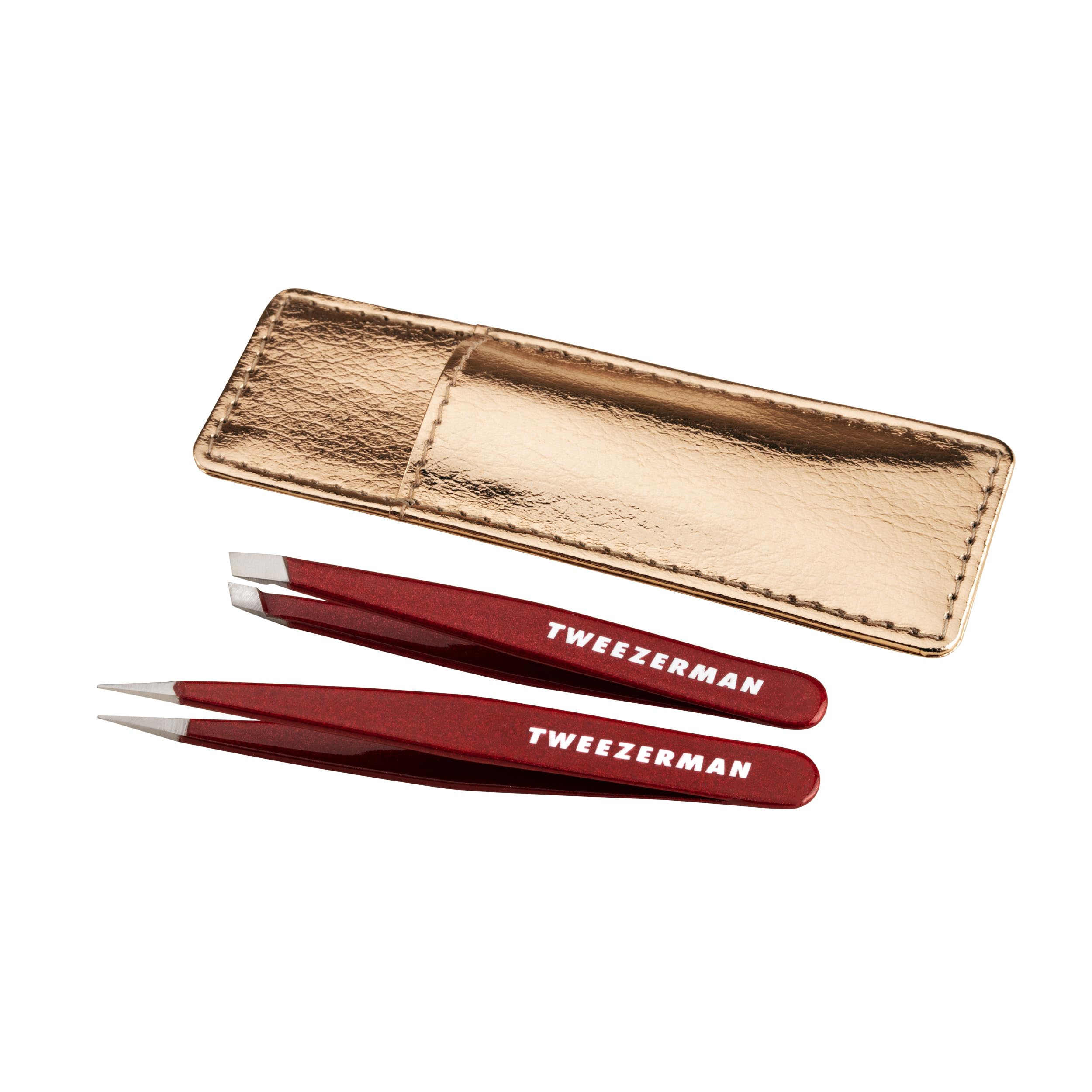 TWEEZERMAN Set de Mini Pinzas para Cejas de Precisión con Funda de Cuero, Vintage Rose