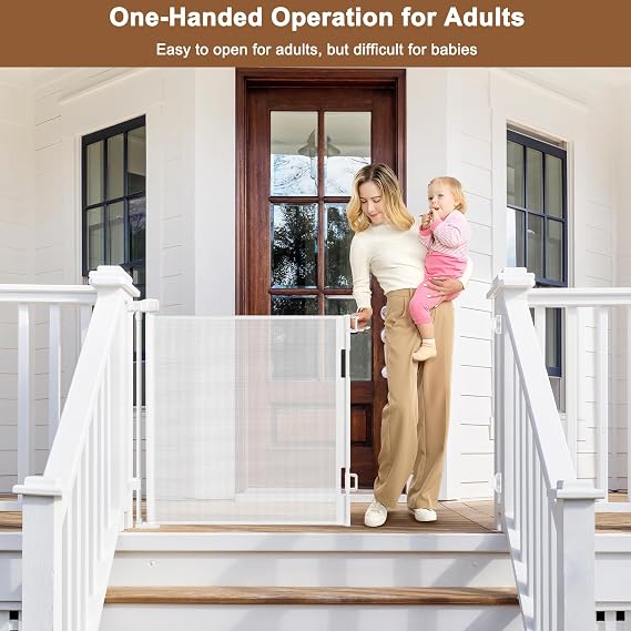 Weatherproof Outdoor Retractable Baby Gates for Decks, 55 Wide Waterproof Retractable Dog Gate with No Rust Screws and Rods, Scratch-Resistant Mesh Outdoor Baby Gate/Fence/Barrier/Screen, White