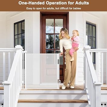 Weatherproof Outdoor Retractable Baby Gates for Decks, 55 Wide Waterproof Retractable Dog Gate with No Rust Screws and Rods, Scratch-Resistant Mesh Outdoor Baby Gate/Fence/Barrier/Screen, White