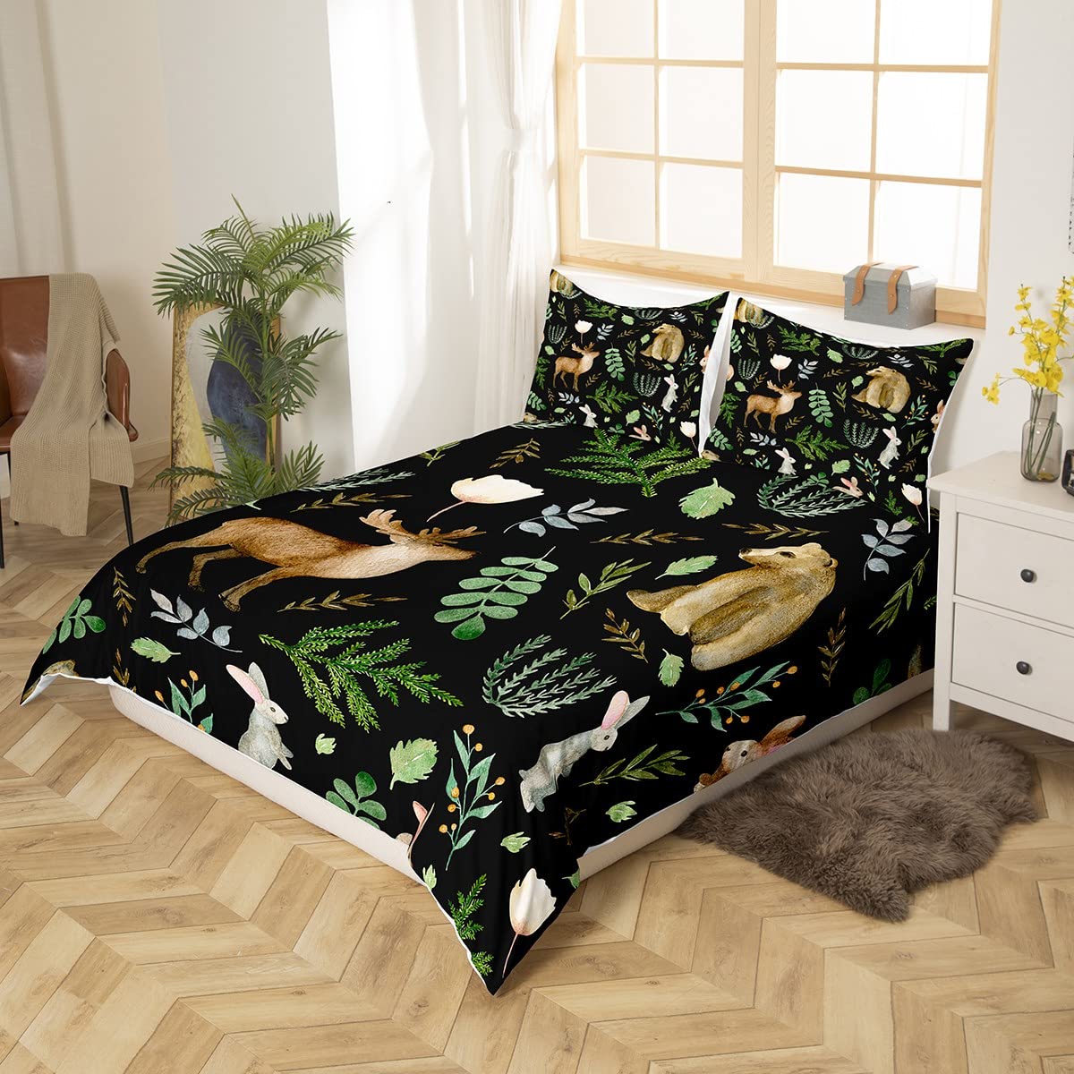 Watercolor Wild Animal Duvet Cover Set Double Size,Deer Bear and Rabbit Print Comforter Cover with 2 Pillowcases,White Flowers Green Leaves Plant Bedding Set for Girls Teens Present Soft Microfiber - Image 3