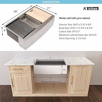 Kichae 36 Inch Farmhouse Kitchen Sink Ledge Workstation
