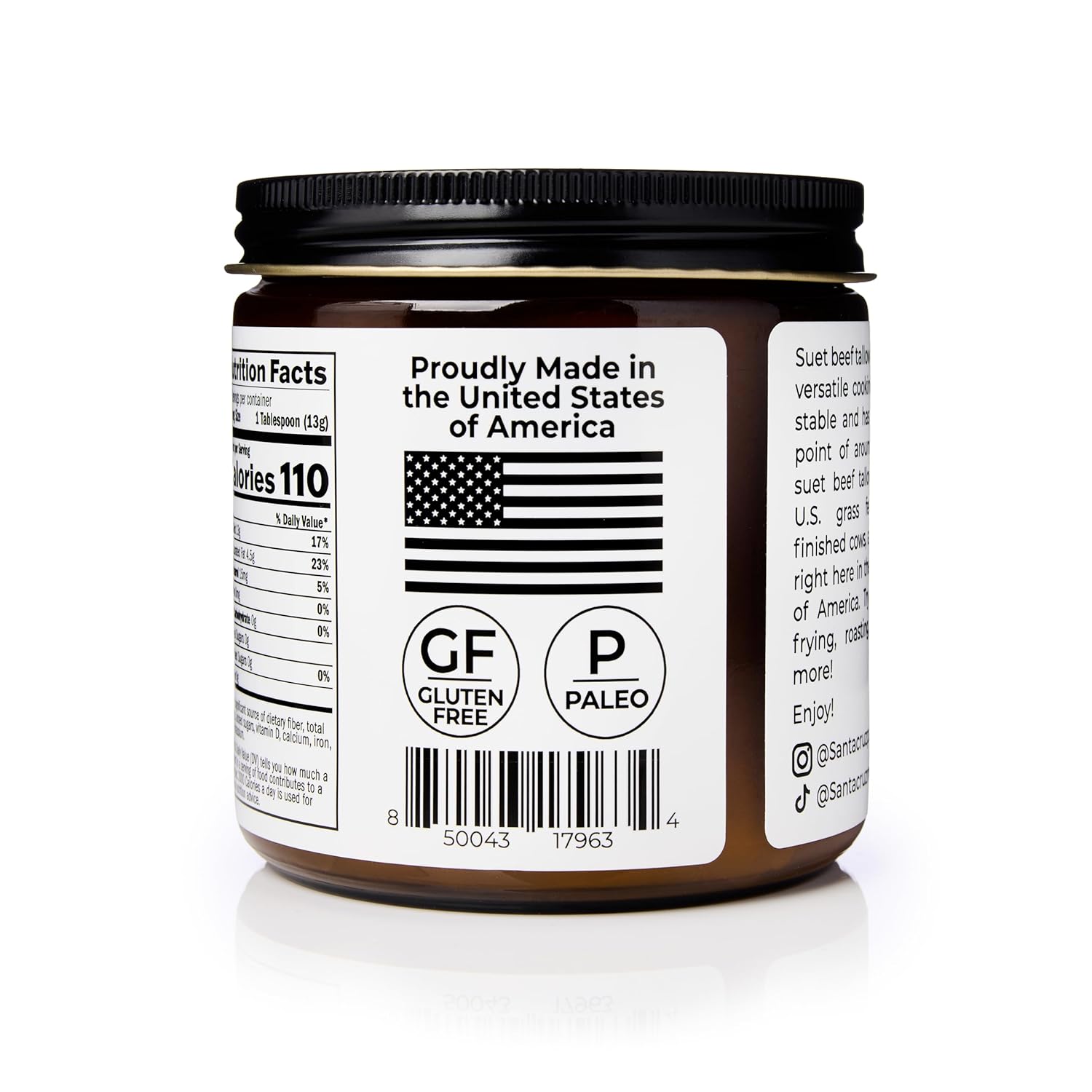 Santa Cruz Paleo Beef Tallow for Skin Care & Cooking, 100% Grass Fed and Finished, Gluten Free, Keto, Sugar Free, Paleo, Use as Lip Balm or Moisturizer, With Vitamin D, E, K, B1, A, Fatty Acids, 14 Oz