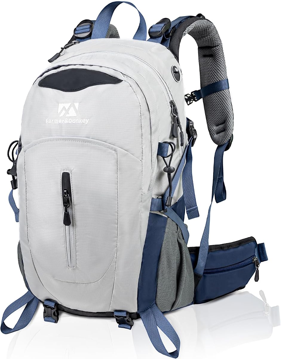 Hiking Backpack, 40L Waterproof Camping Backpack with Packable Back Panel & Rain Cover, Men Women Rucking Backpacking Backpack Outdoor Sport Lightweight Travel Daypack for (Grey)