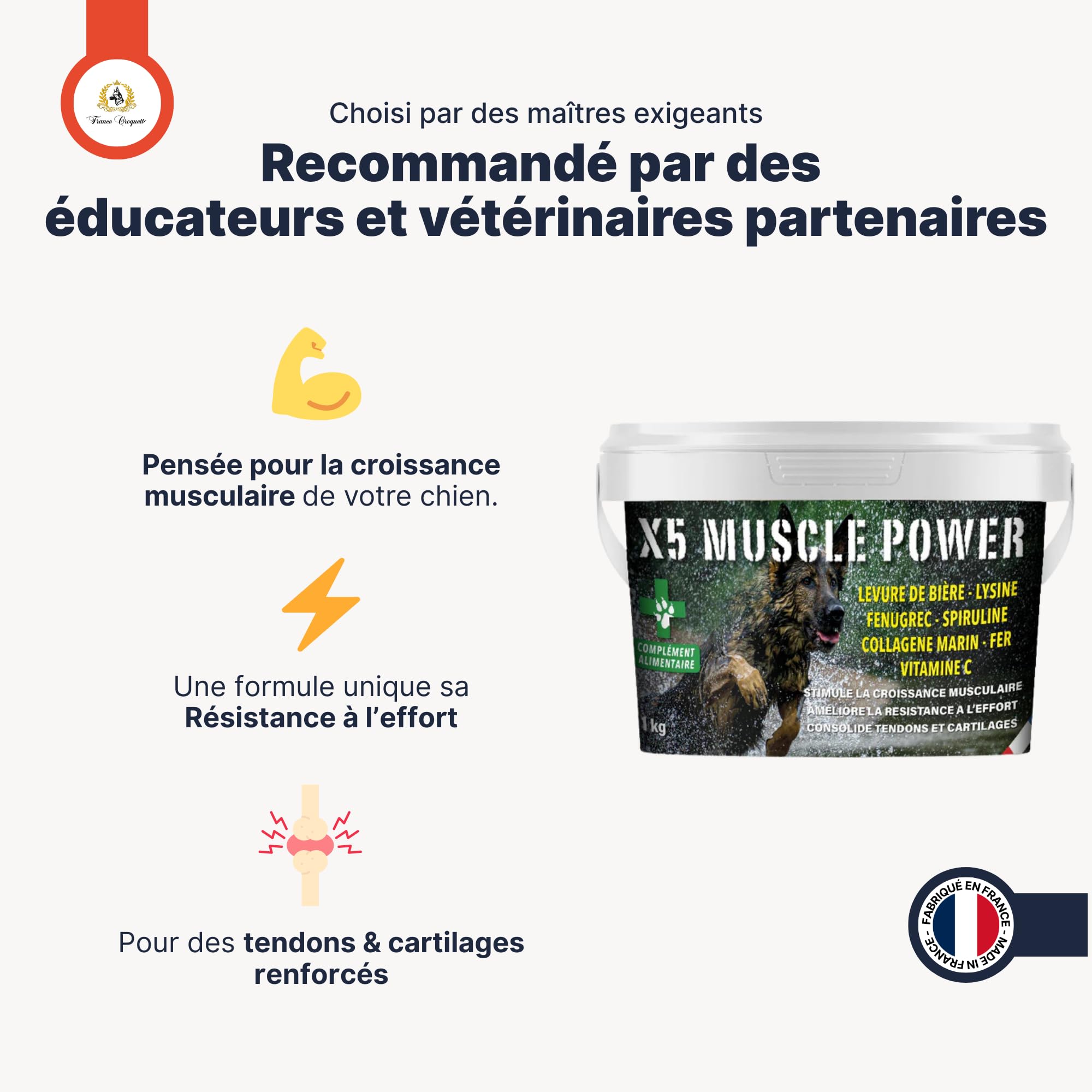 complément alimentaire chien Muscle Power x5 – croissance musculaire, force, endurance et récupération – fourni avec cuillère doseuse – chiot adulte senior – santé articulaire et vitalité - 500g