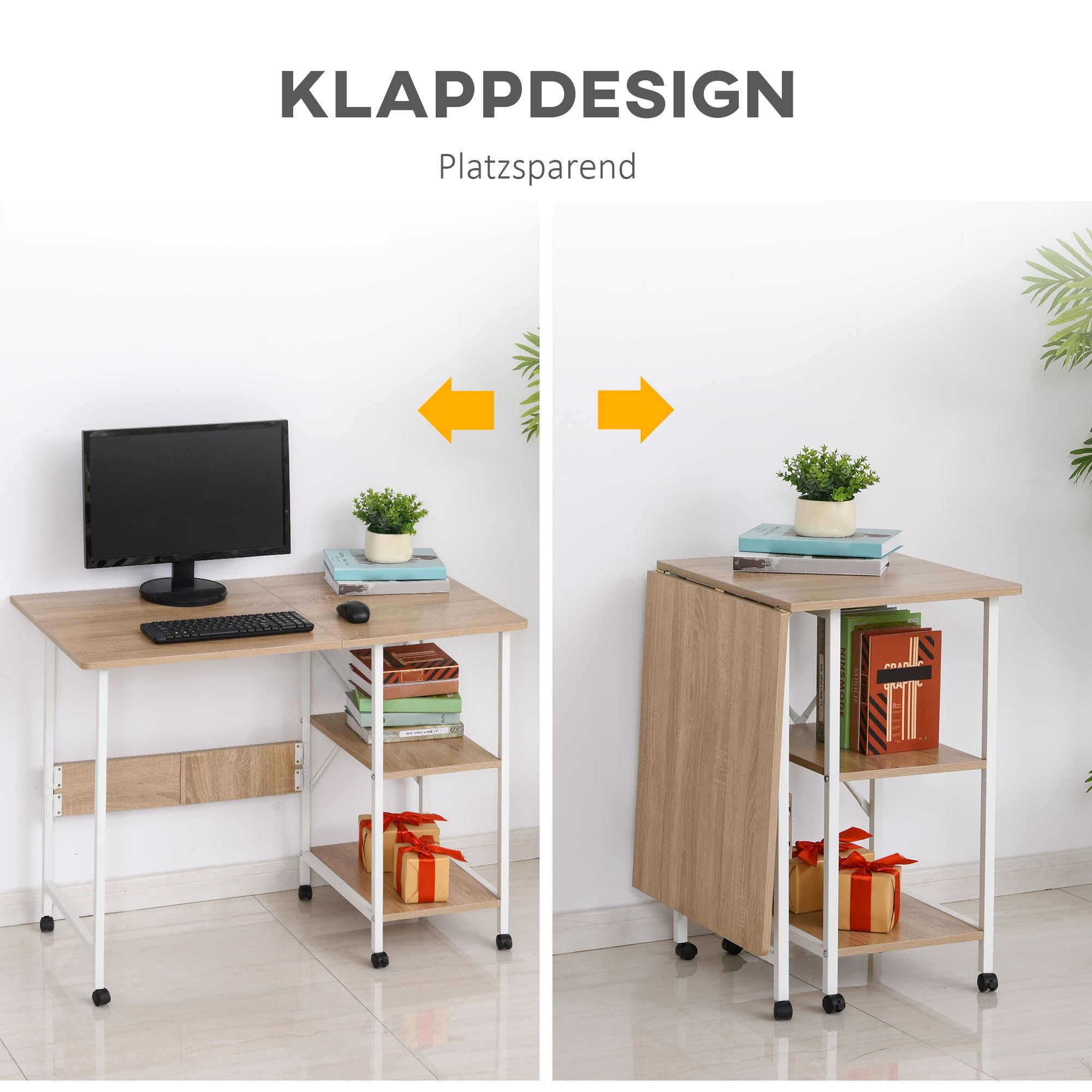 HOMCOM Klapptisch Schreibtisch mit Rollen 107 x 55 x 76 cm Natur