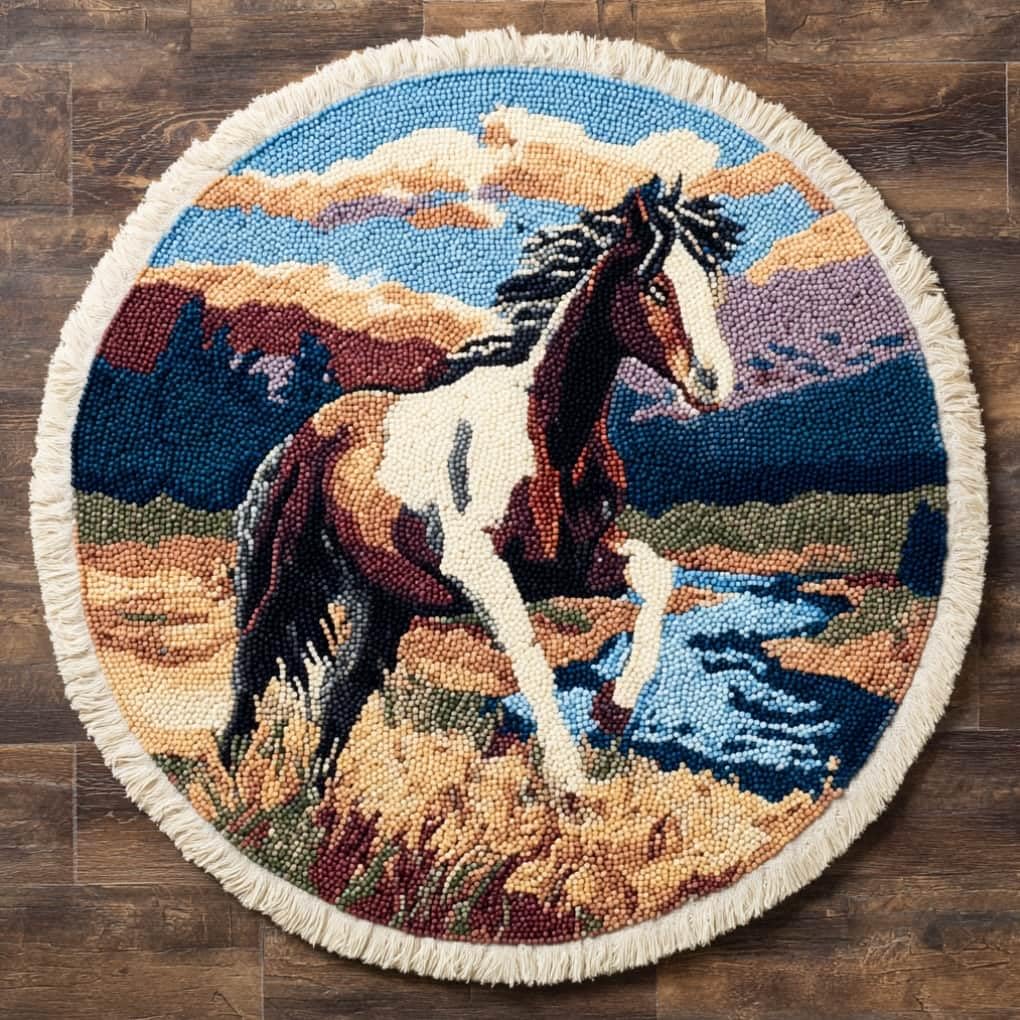 kitphoenix Round DIY Latch Hook Rug Kits Horse 20X20Inch (50X50Cm) Easy for Beginners Round Carpet Crochet Yarn Craft Large Rug Hook and Latch Tapestry for Home Decor