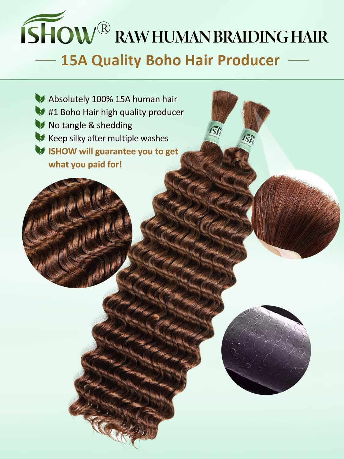ISHOW Raw Human Braiding Hair, 100% Unprocessed Virgin Human Hair, 15A Deep Wave Boho Hair, 100g 14 Inch (2 Packs), NO.1 Premium Quality Boho Hair Producer, Long Lasting, Auburn Brown Color 30