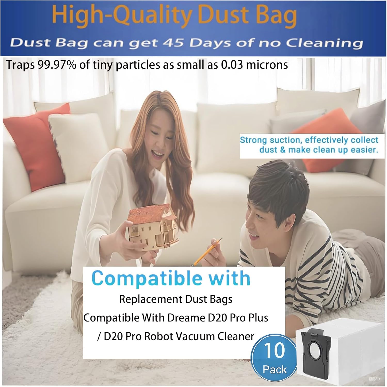 Replacement Dust Bags for Dreame D20 Plus / D20 Pro Plus / D20 Air Plus : | mova e40 ultra: Robot Vacuum Cleaner, 10Pack Spare Parts Accessories
