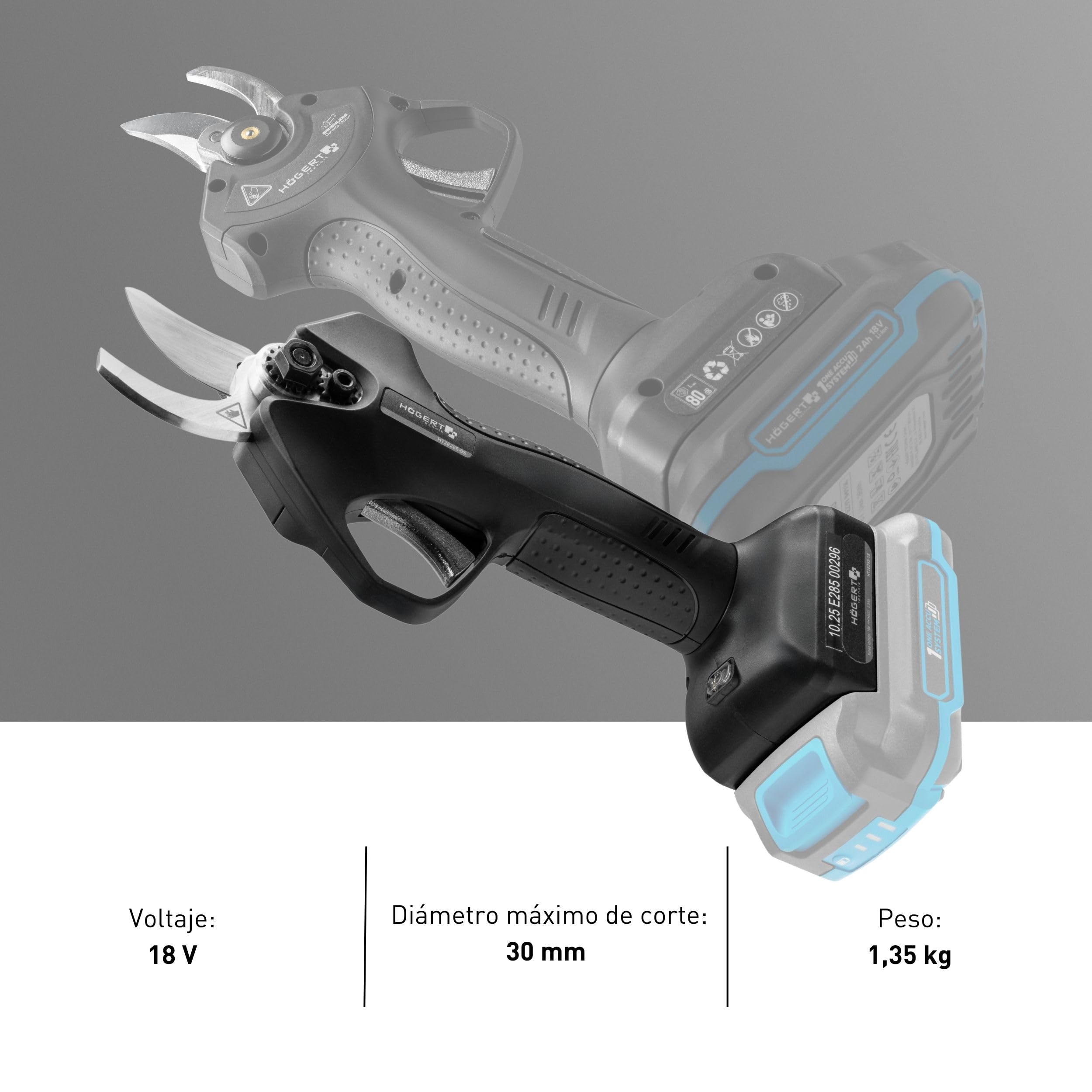 HÖGERT TECHNIK Tijeras de Poda a Batería 18V OneAccuSystem, motor sin escobillas, tijeras de jardín eléctricas para ramas hasta 30 mm, podadora inalámbrica para jardín y frutales, sin batería