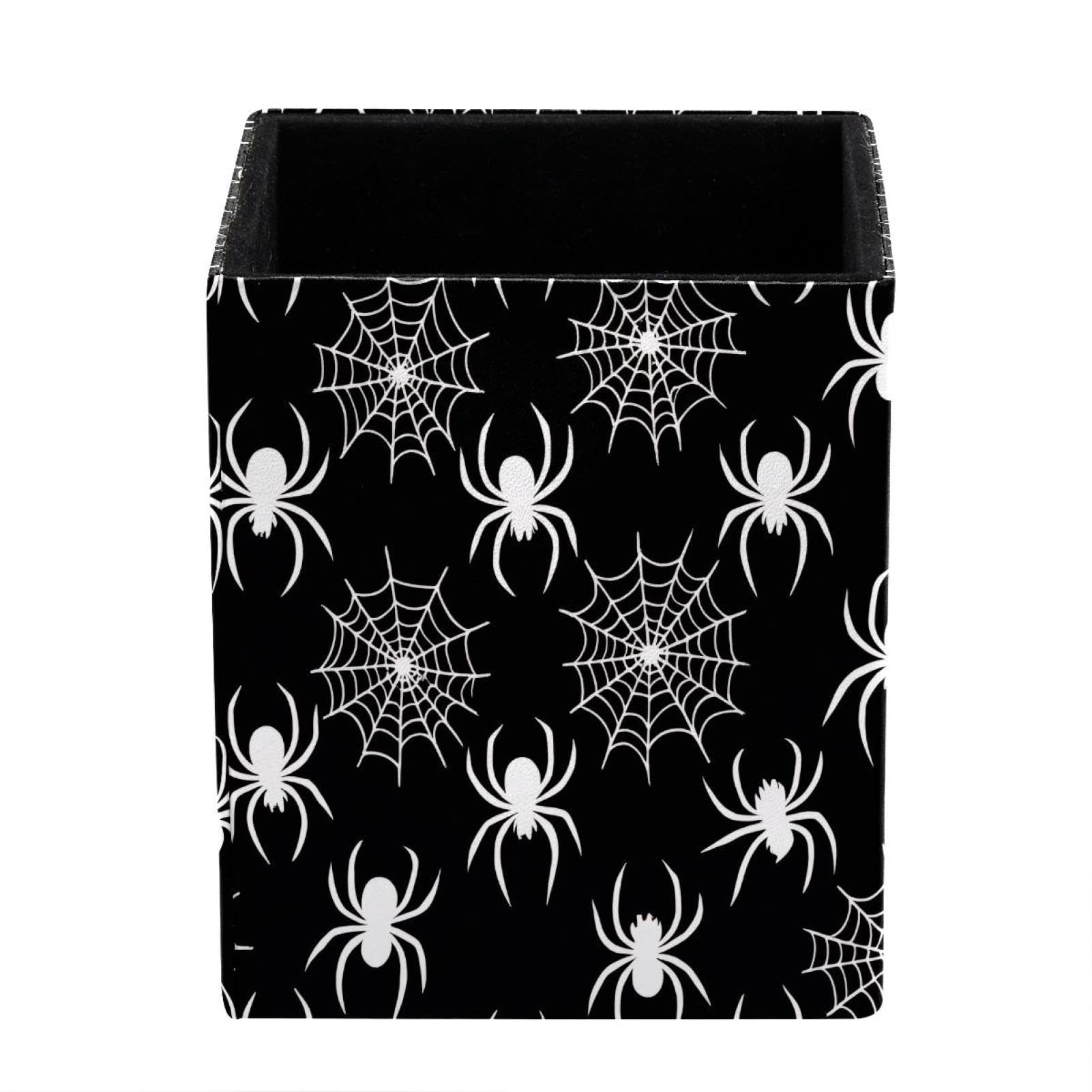 White Spider and Web Pen Holder for Desk Deco, Sqaure PVC Leather Pencil Cup for Desk Pen Organizer, Makeup Brush Holder for School, Home, Office