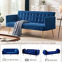 Vista 22 de Sofá cama moderno de terciopelo de 72 pulgadas, sofá cama plegable convertible con 3 respaldos ajustables, sofá biplaza reclinable copetudo