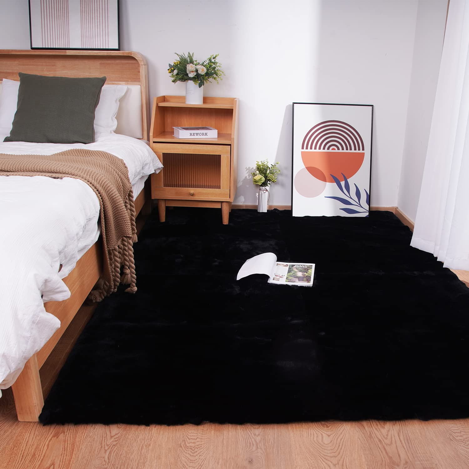 Ghouse Faux Tappetto di Pelle di Pecora Tappeto a Pelo Corto Lavabile Fluffy Uni Effetto Pelliccia Antiscivolo Facile da Pulire, Dimensione:180 x 270 cm, Colore: Nero