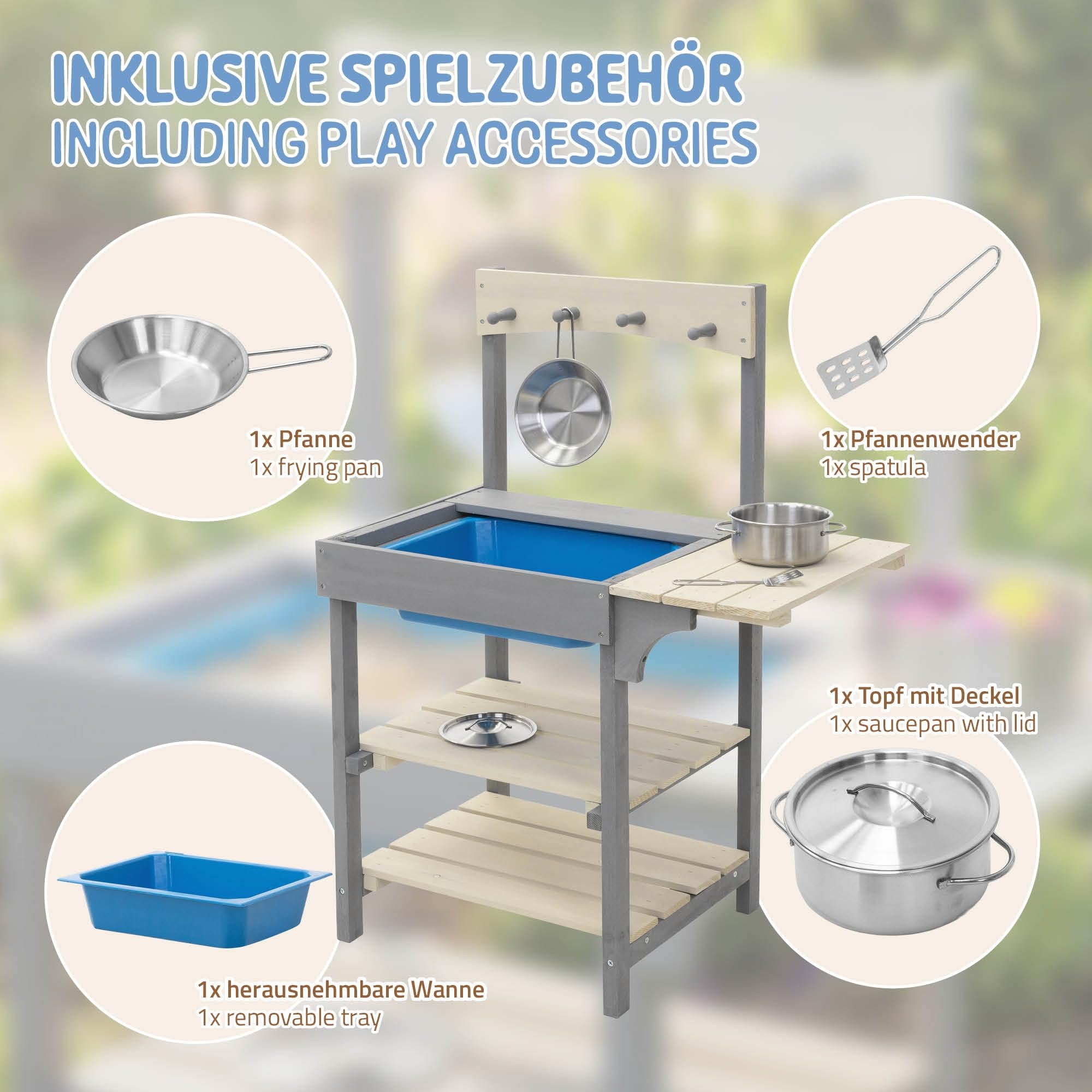 Joyz Kuchnia Blotna dla Dzieci Drewniana Outdoor, Solidne Drewno, Kuchnia Ogrodowa z Akcesoriami i Wyjmowanym Zlewem, Odporna na Warunki Atmosferyczne, Zabawka do Ogrodu dla Dzieci od 3 Lat