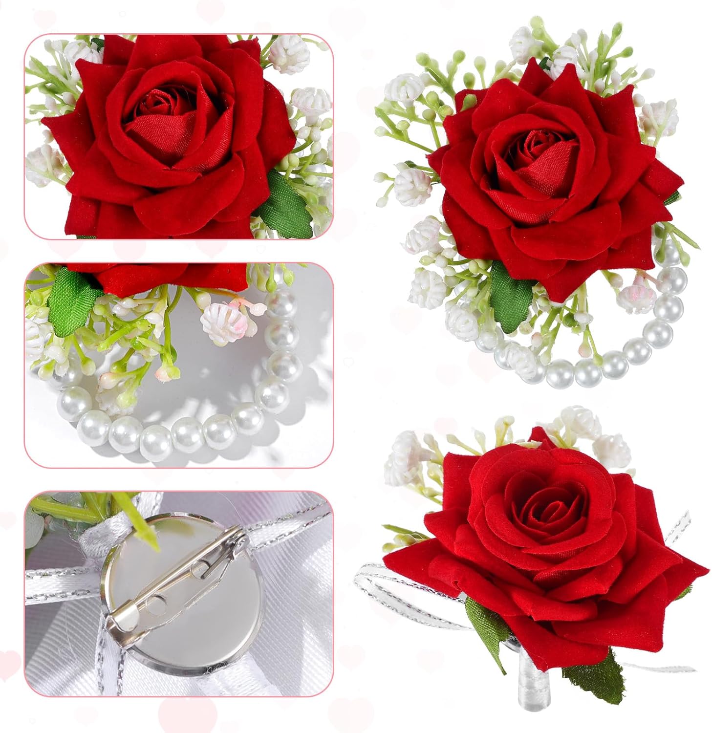 2pcs Red Rose Corsage and Boutonniere Set Wrist Corsage Wristlet Band Bracelets Men Boutonniere for Prom Decor Wedding Flowers Accessories Party Suit - Image 3