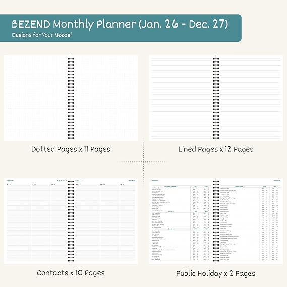 BEZEND Monthly Planner 2026-2027 (Spiral-7 x 9) 2 Year Calendar Book with Note Pages - Jan 26 to Dec 27-120 GSM Paper, Inner Pockets, Laminated Tabs, Vegan Leather Softcover - Black