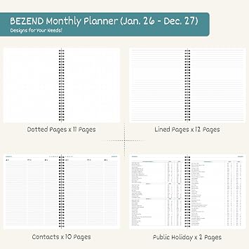 BEZEND Monthly Planner 2026-2027 (Spiral-7 x 9) 2 Year Calendar Book with Note Pages - Jan 26 to Dec 27-120 GSM Paper, Inner Pockets, Laminated Tabs, Vegan Leather Softcover - Black