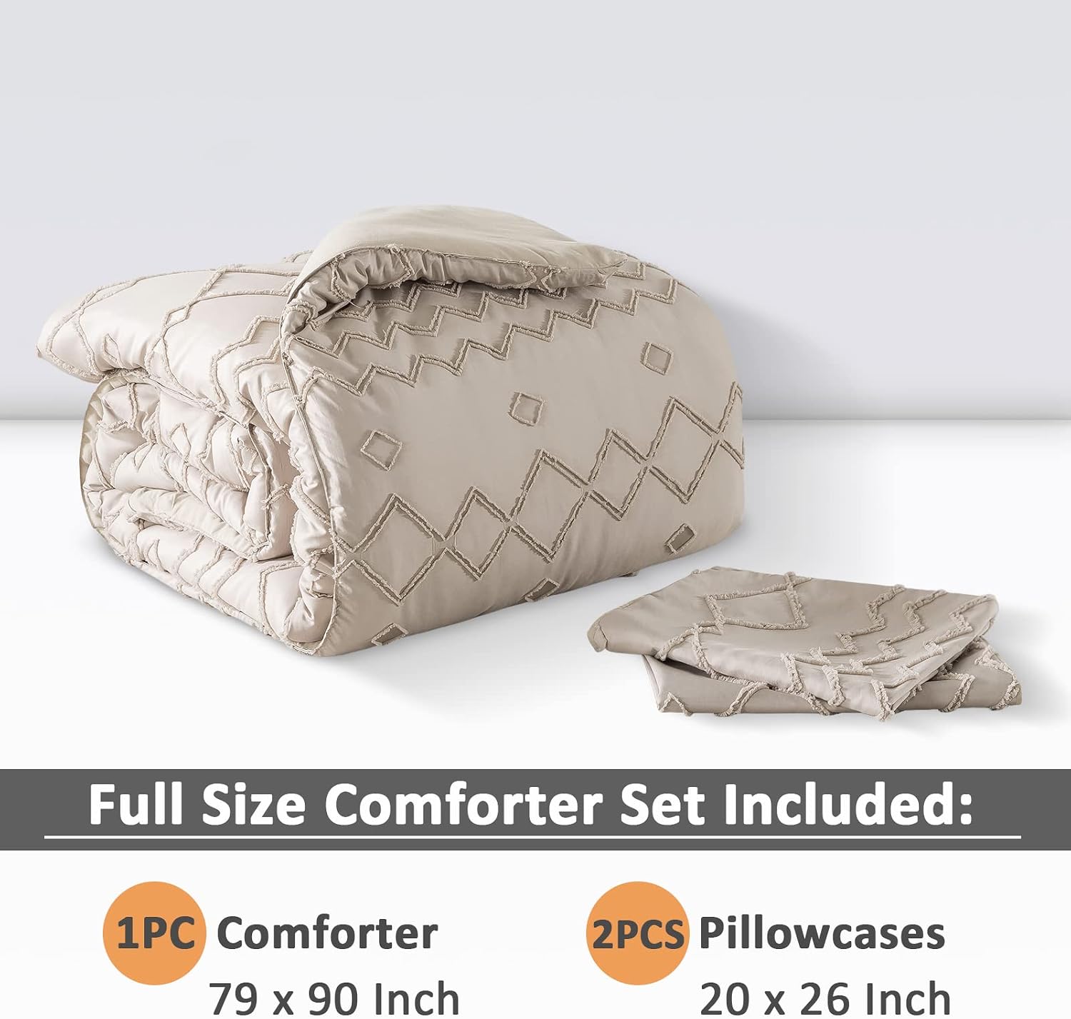 Andency Khaki Tufted Comforter Set Full(79x90Inch), 3 Pieces(1 Tufts Comforter, 2 Pillowcases) Boho Textured Farmhouse Comforter, Microfiber Down Alternative Geometric Comforter Bedding Set
