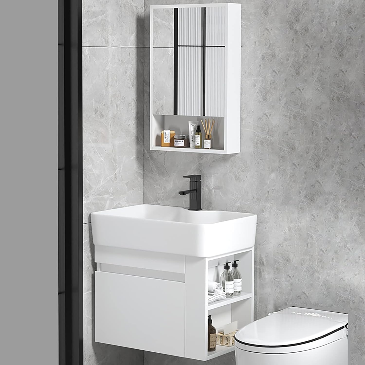 Bathroom Vanity Cabinet with Sink Combo Wall Mounted Floating Cabinet Set with Hot and Cold Faucet Soft Closing Door Storage Square Integrated Design 23X15 Inches