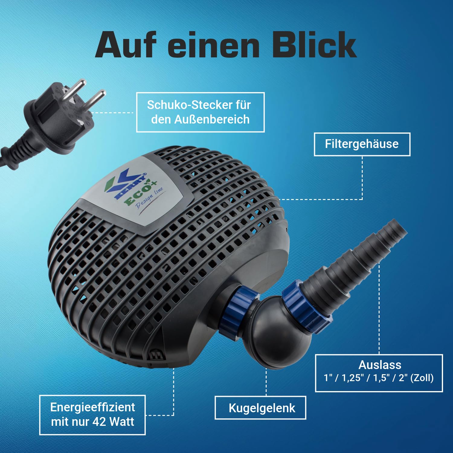 ECO Teichpumpe KEE08000-8000 L/H, nur 42 Watt energiesparend, Vorfilterkammer, 4,2m Förderhöhe, 10m Kabel, Wasserpumpe für Brunnen, Teich und Bach, Brunnenpumpe | Gartenteichpumpe