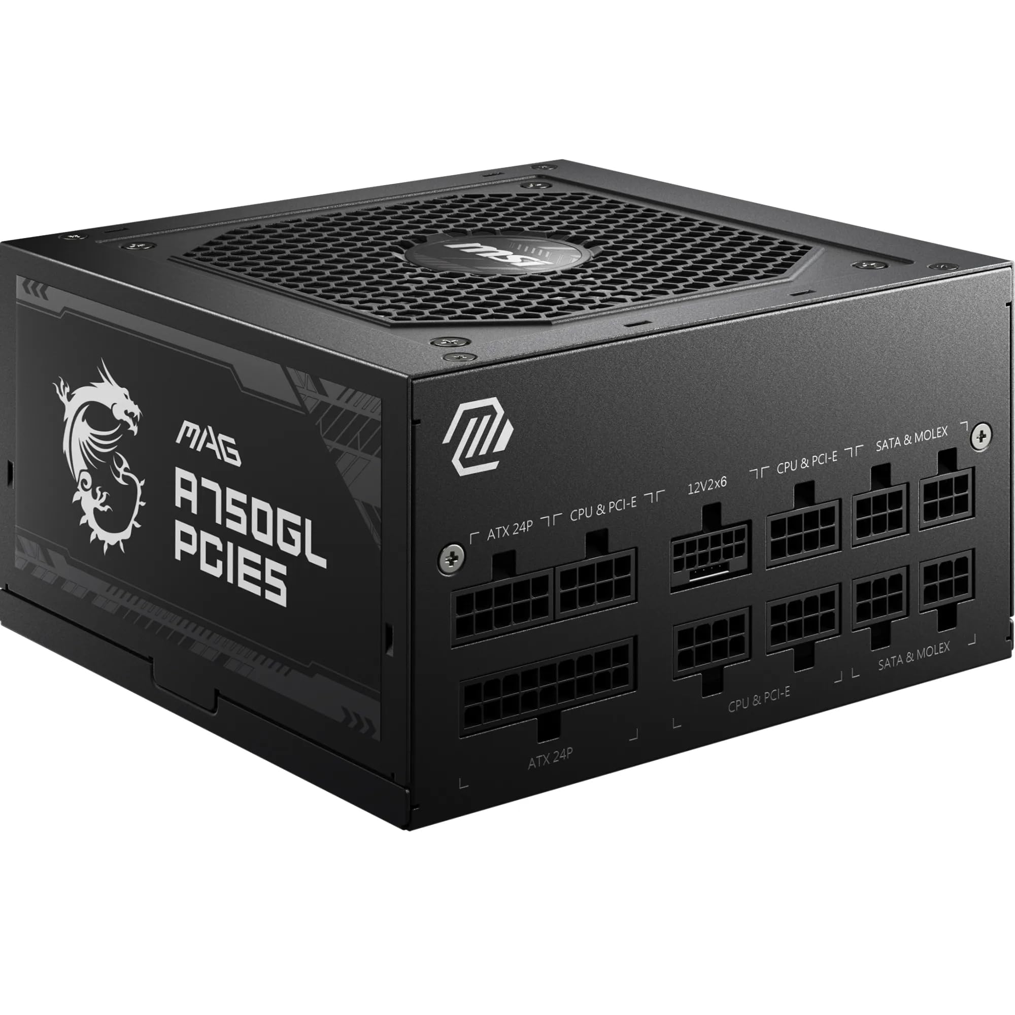 MSI MAG A750GL PCIE5 750W Modular Power Supply, Intel ATX12V Version 3.0, 120mm Cooling Fan, 80 Plus Gold Efficiency Rating, 4 x PCIe 6+2-Pin Connectors, 8 x SATA Connectors - Black