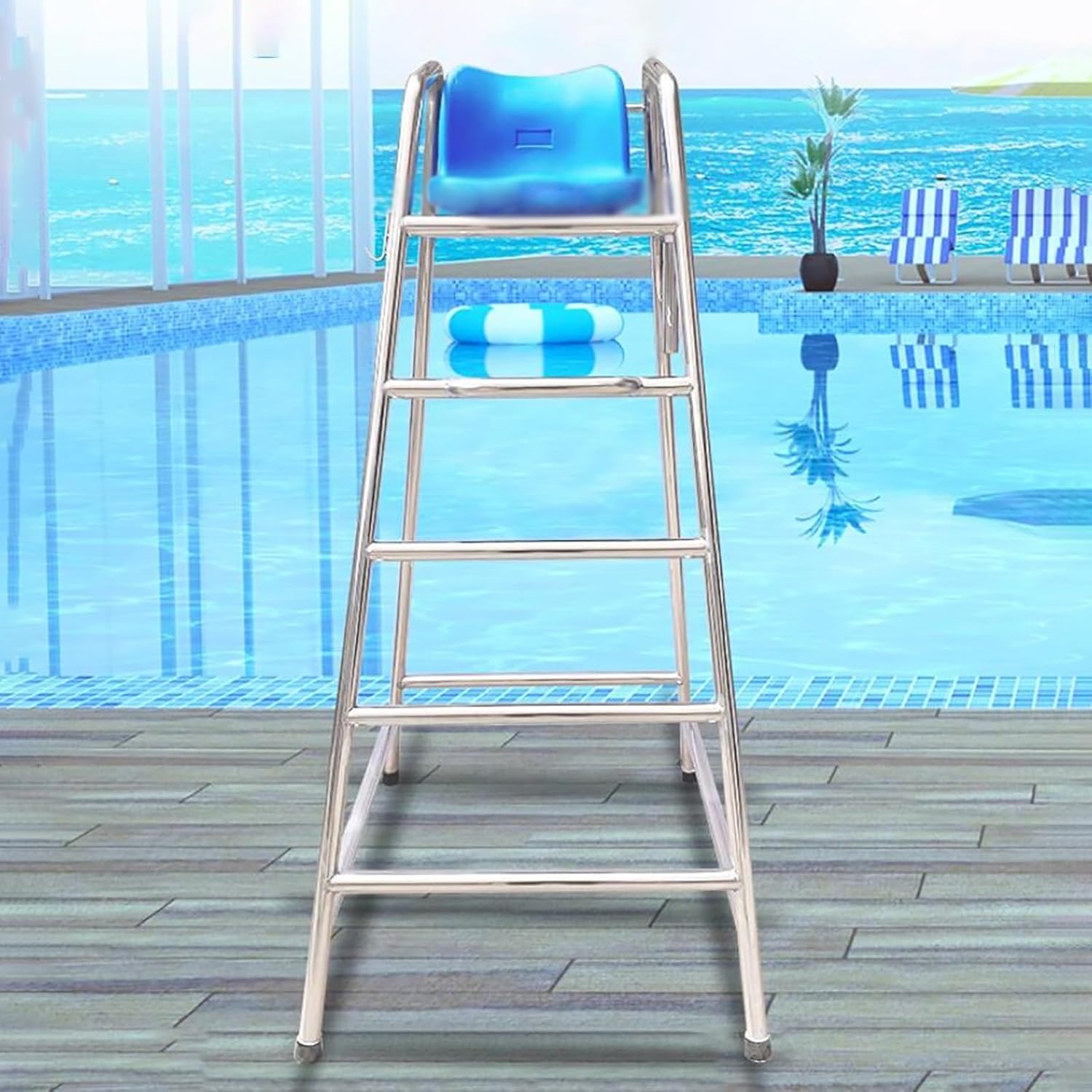 Tall Lifeguard Chair - 180cm Stainless Steel Pool Deck Chair, Heavy-Duty 660lbs Capacity, Outdoor Ladder Stool for Beach, Patio & Lake Use