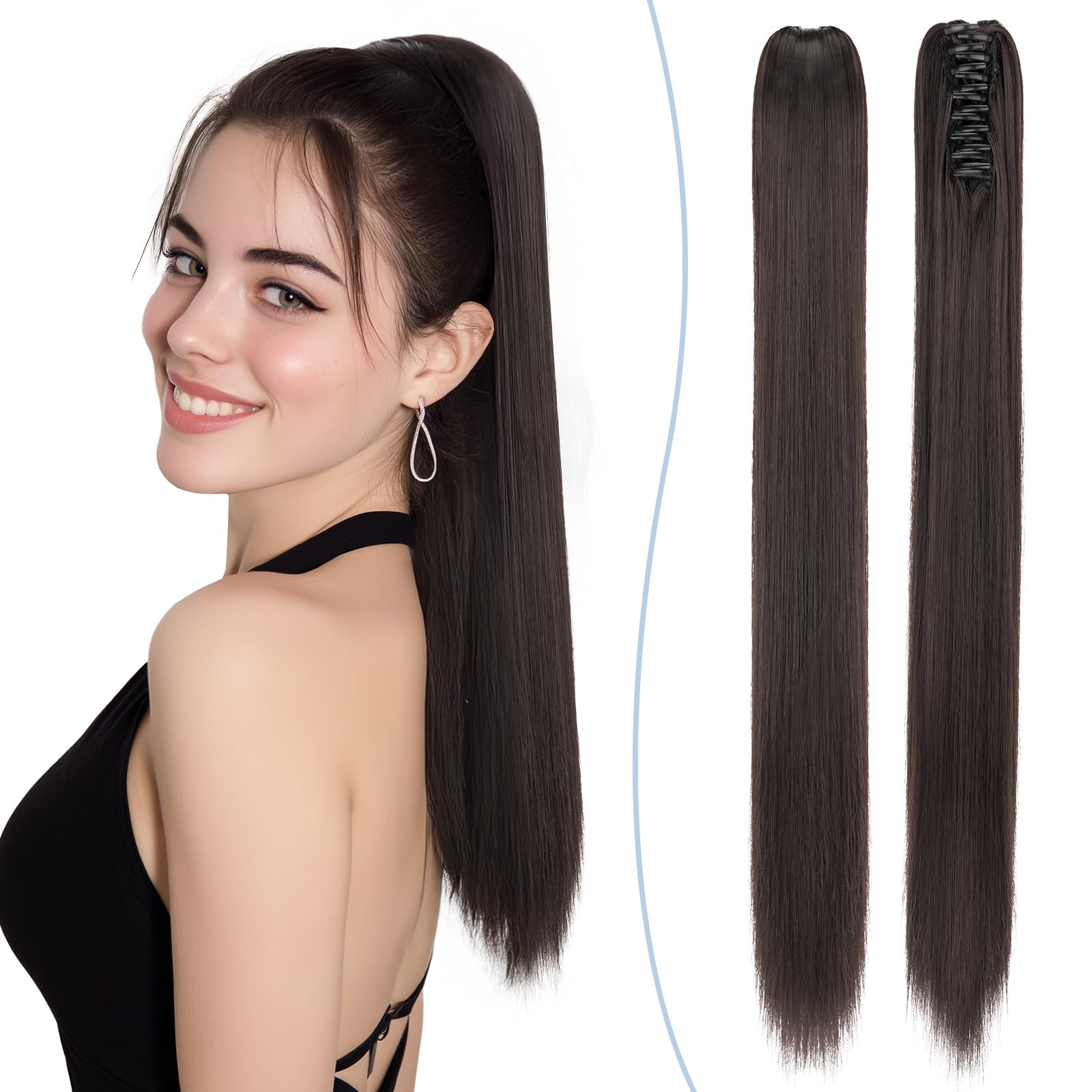 SEGO 21 Inch Claw On Ponytail Extension Straight Clip In Pony tail Synthetic Hairpiece, Natural Black