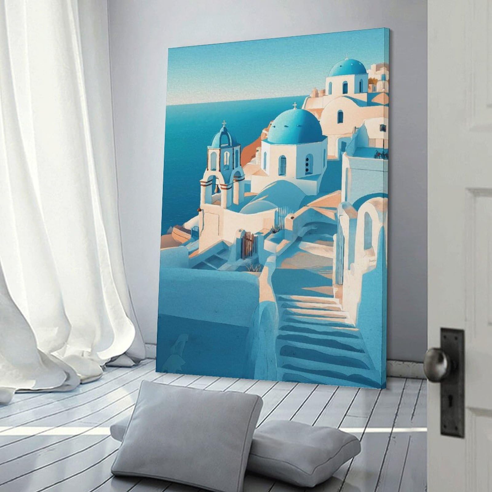 Junmoney Hanging Wall Art Santorini Island Churches, 24x36inch(60x90cm), for Work Areas, Reading Rooms Or Studios, Wall Art That Adds Style to Work Areas