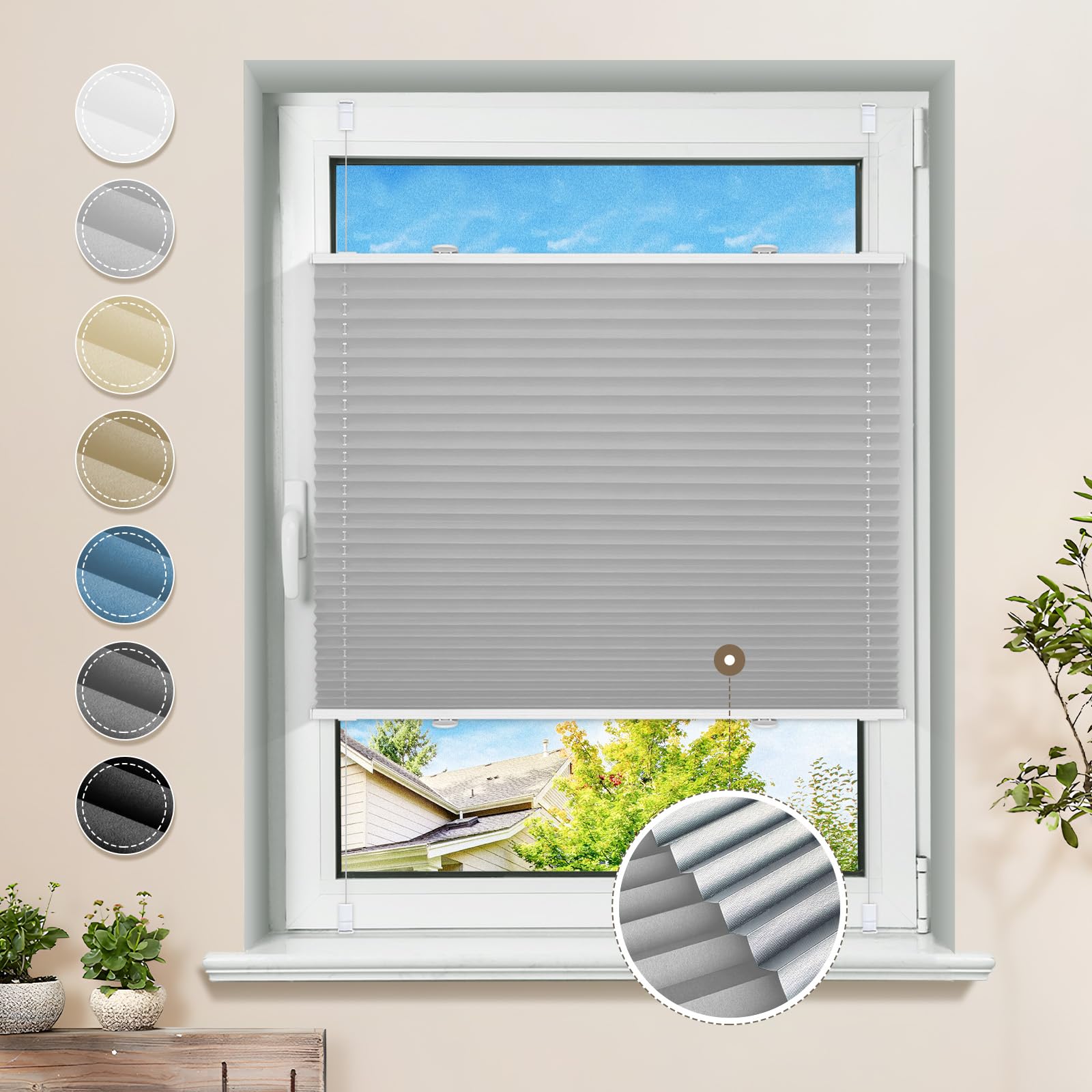 Plissee ohne Bohren Verdunkelung Klemmfix Hellgrau 70x140cm Thermo Plissees 100% Verdunklung Rollos für Fenster & Tür Verdunklungsplissee ohne Bohren Sichtschutz und Sonnenschutz