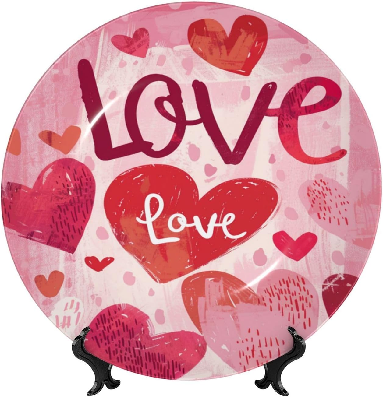 Pink Love Hearts Decorative Porcelain Dish with Stand, Circle Decorative Plates for Table Valentine's Day Home Office Kitchen Wall Decor, 8in