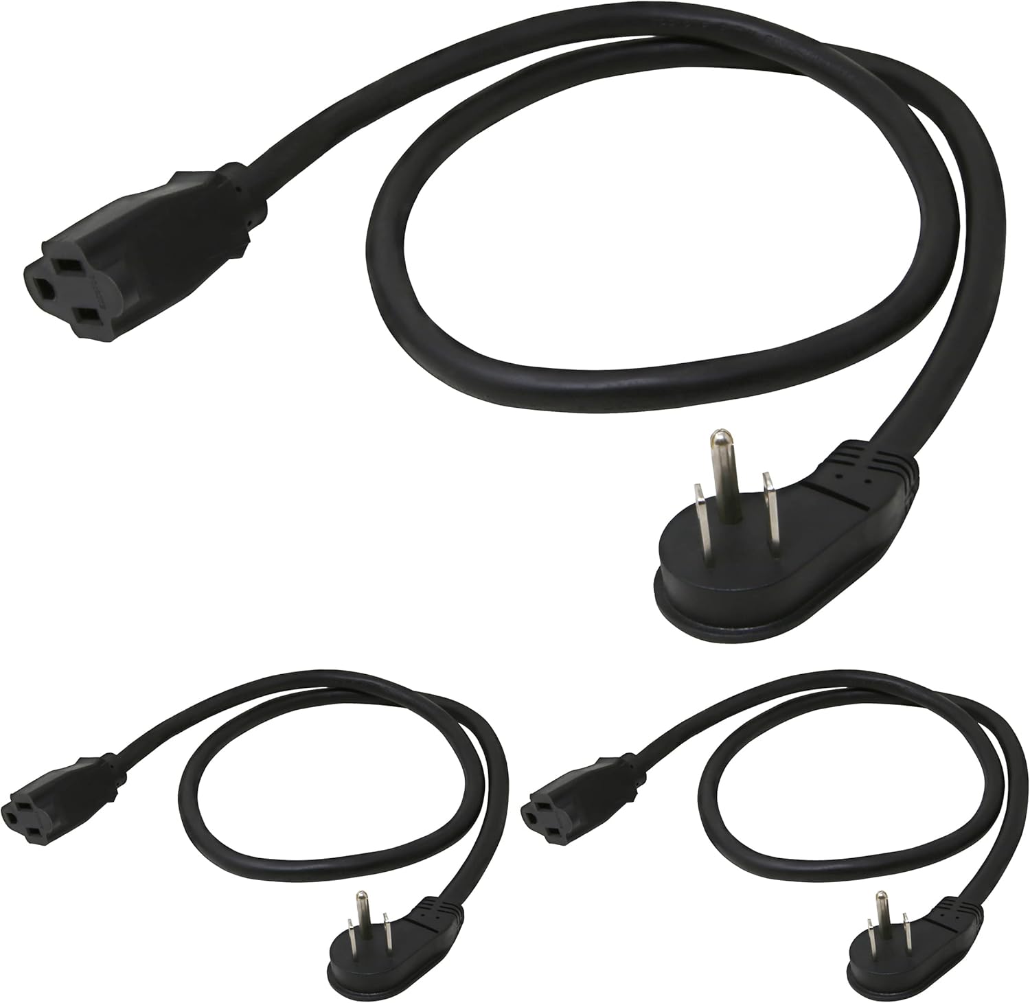 Lightkiwi 3ft Flat Plug Power Extension Cord, 3-Pack, 16AWG STJW Short Extension Cord, Low Profile Wall Plug, 13A 125V 1625W, 3 Prong Power Cord, NEMA 5-15P to NEMA 5-15R, Black, UL Listed