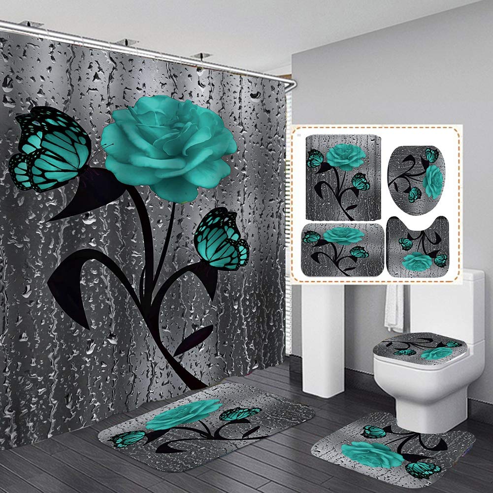 Yehapp 4 Pieces set Valentine's Day Bathroom Decoration 3D Digital Printing Rose Shower Curtain Rug Toilet Seat cover Toilet Pad For Home/Hotel/Party Decoration
