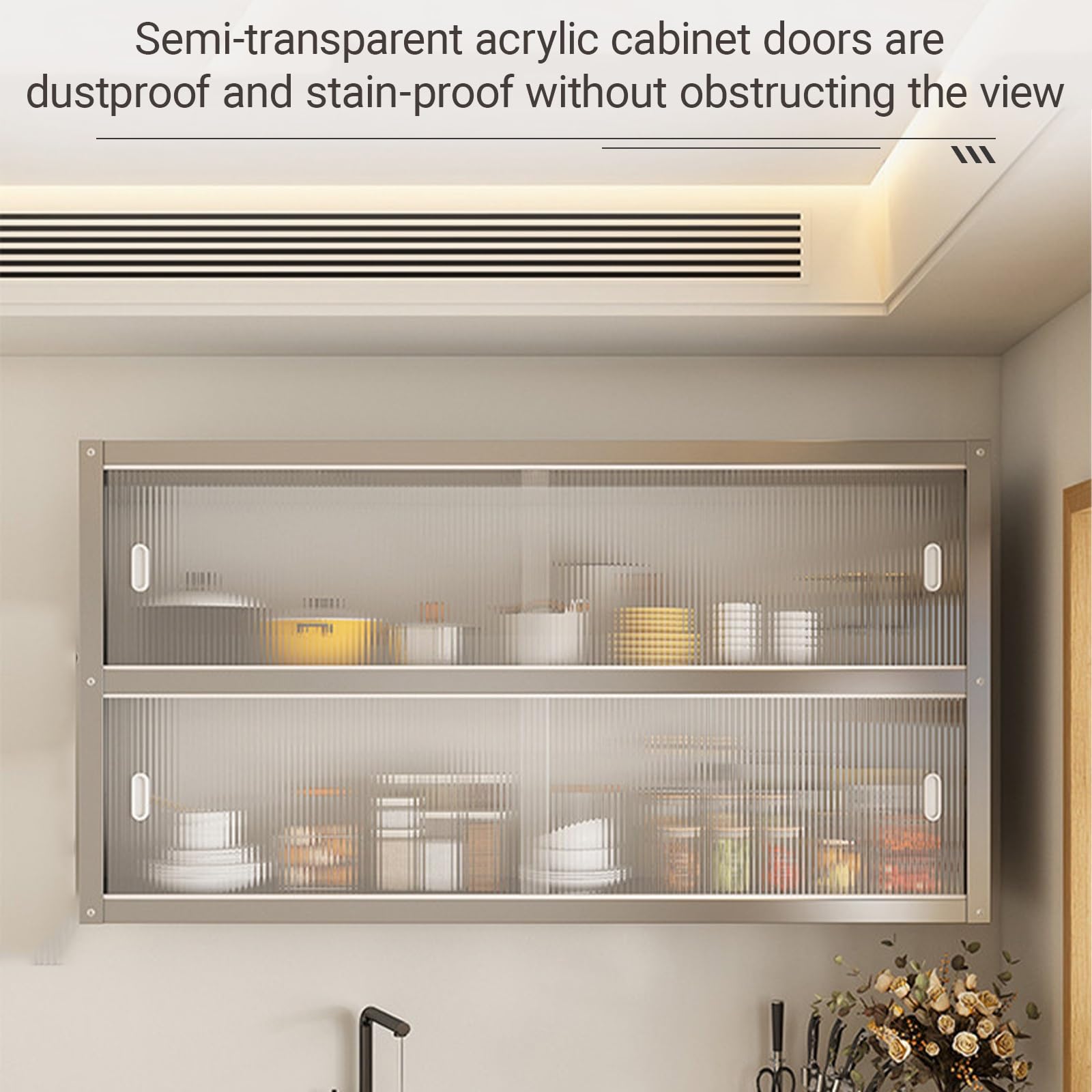 Wandschrank Bad & Küche mit Schiebetüren, Edelstahl Hängeschrank Silber mit Acryltüren, 2 Ebenen Küchenoberschrank für Gewürze & Kosmetik(100 * 30 * 40cm/39.4 * 11.8 * 15.7in)