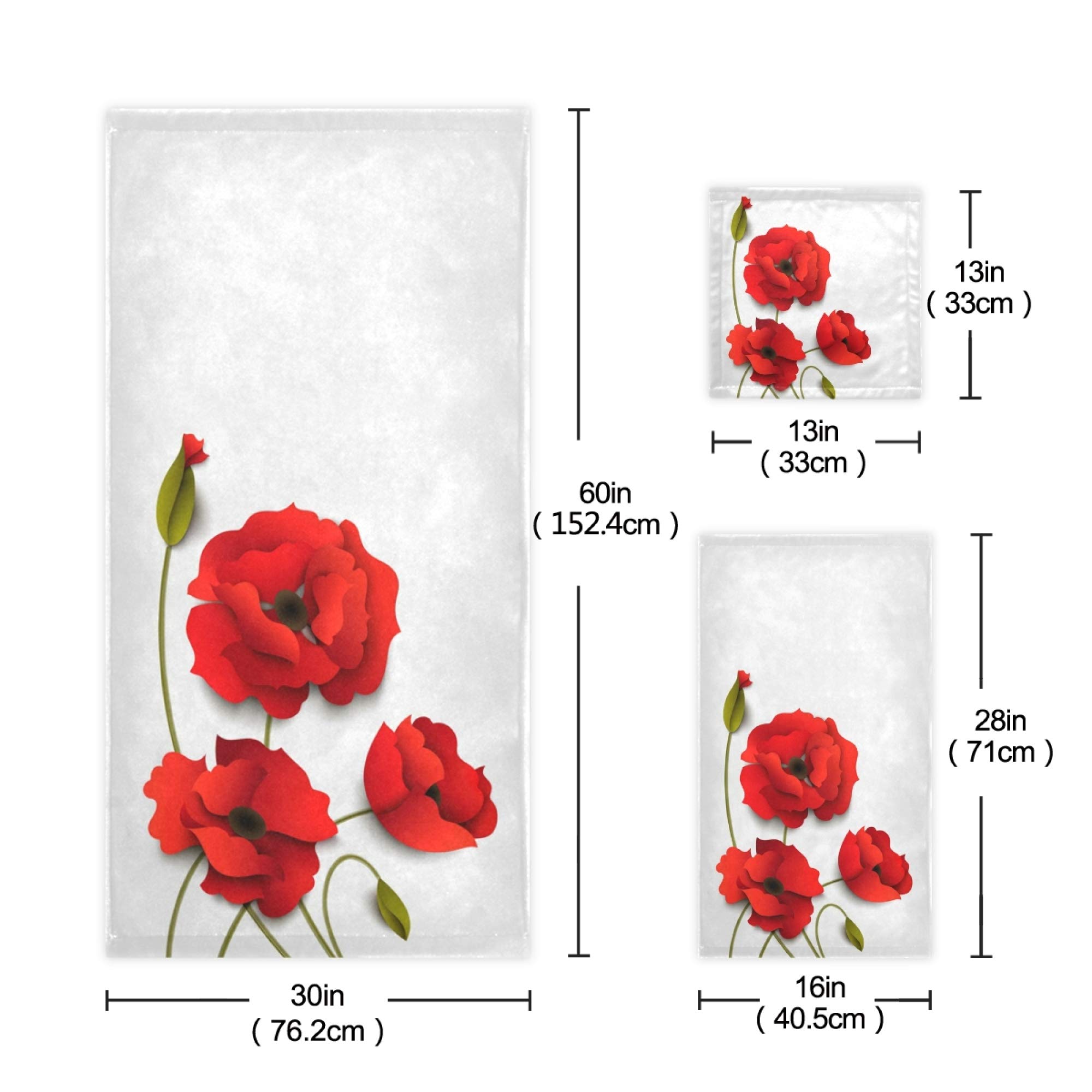 Naanle 3-Piece Towel Set,Pretty Red Poppy Flower Bath Towel Sets, 1 Bath Towel, 1 Hand Towel, 1 Washcloth, Poppy Paper Design Floral Print Absorbent Soft Towels Quick Drying for Bathroom