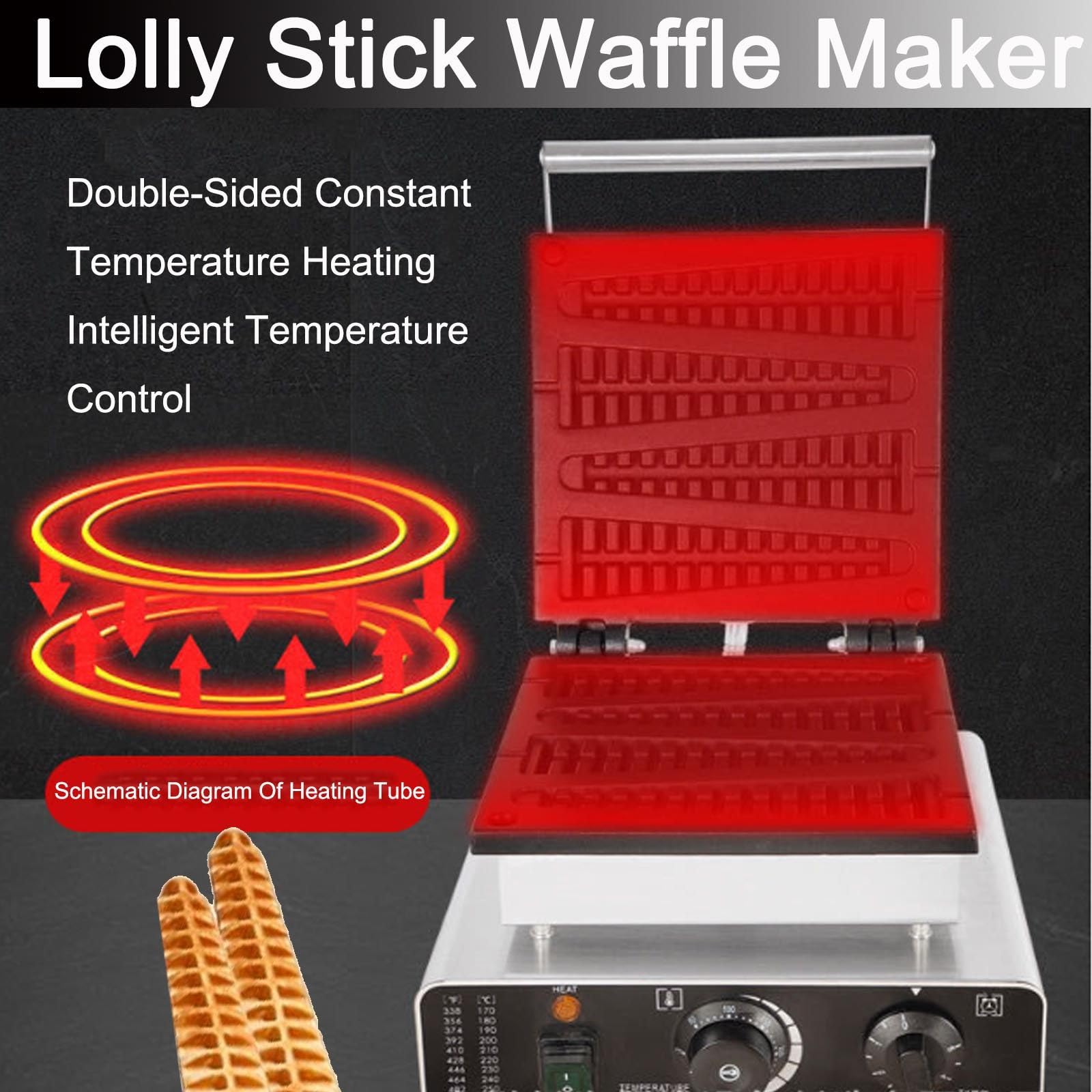 Gaufrier éLectrique 1750W, Machine à Gaufres, Moule en Fonte AntiadhéSif en Pin, Gaufrier Commercial pour BâTonnets De Sucettes, Plaques - TempéRature 50-250 ℃ / Minuterie 5 Min Black